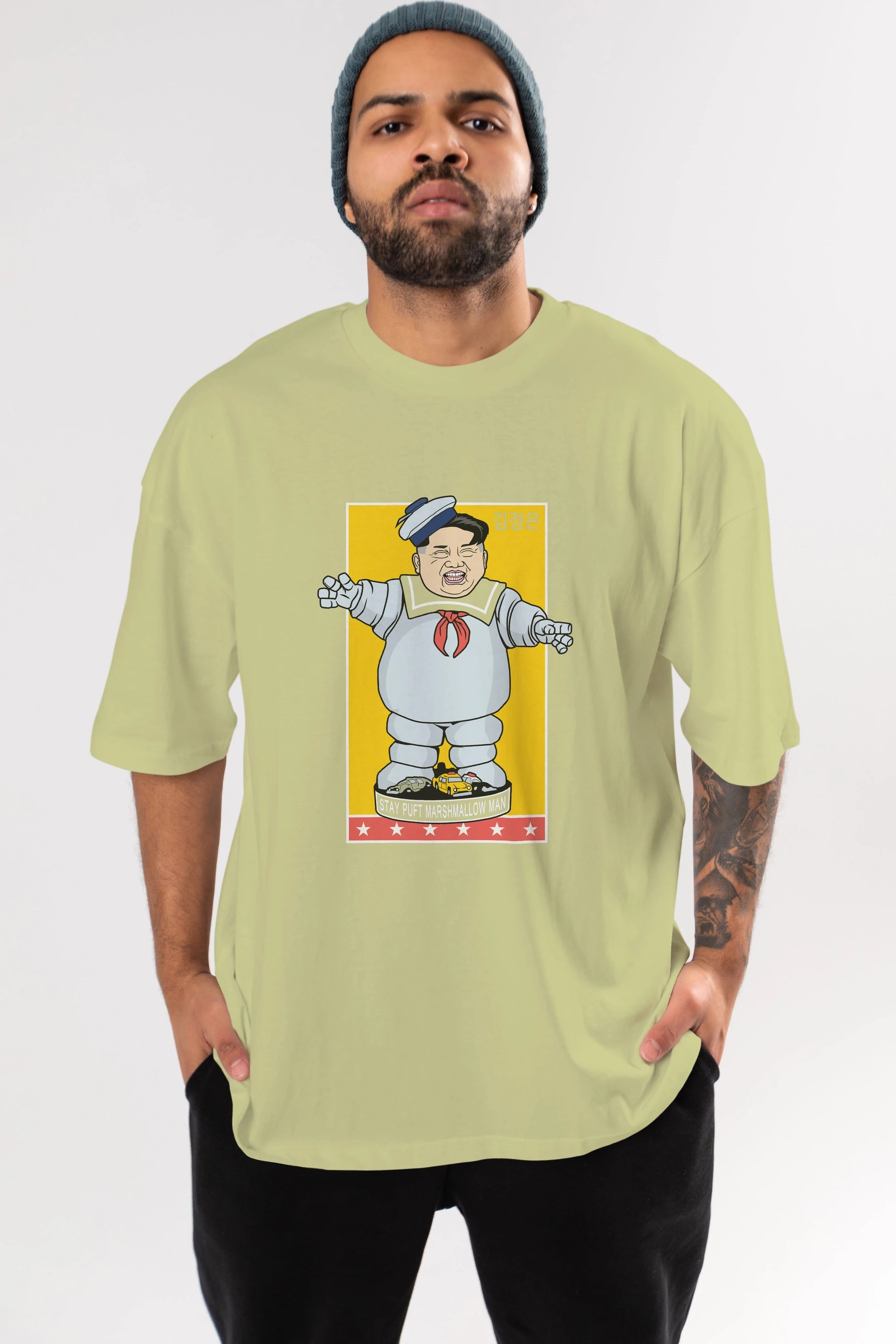 Stay Puft Jong Un Ön Baskılı Oversize t-shirt Erkek Kadın Unisex %100 Pamuk tişort