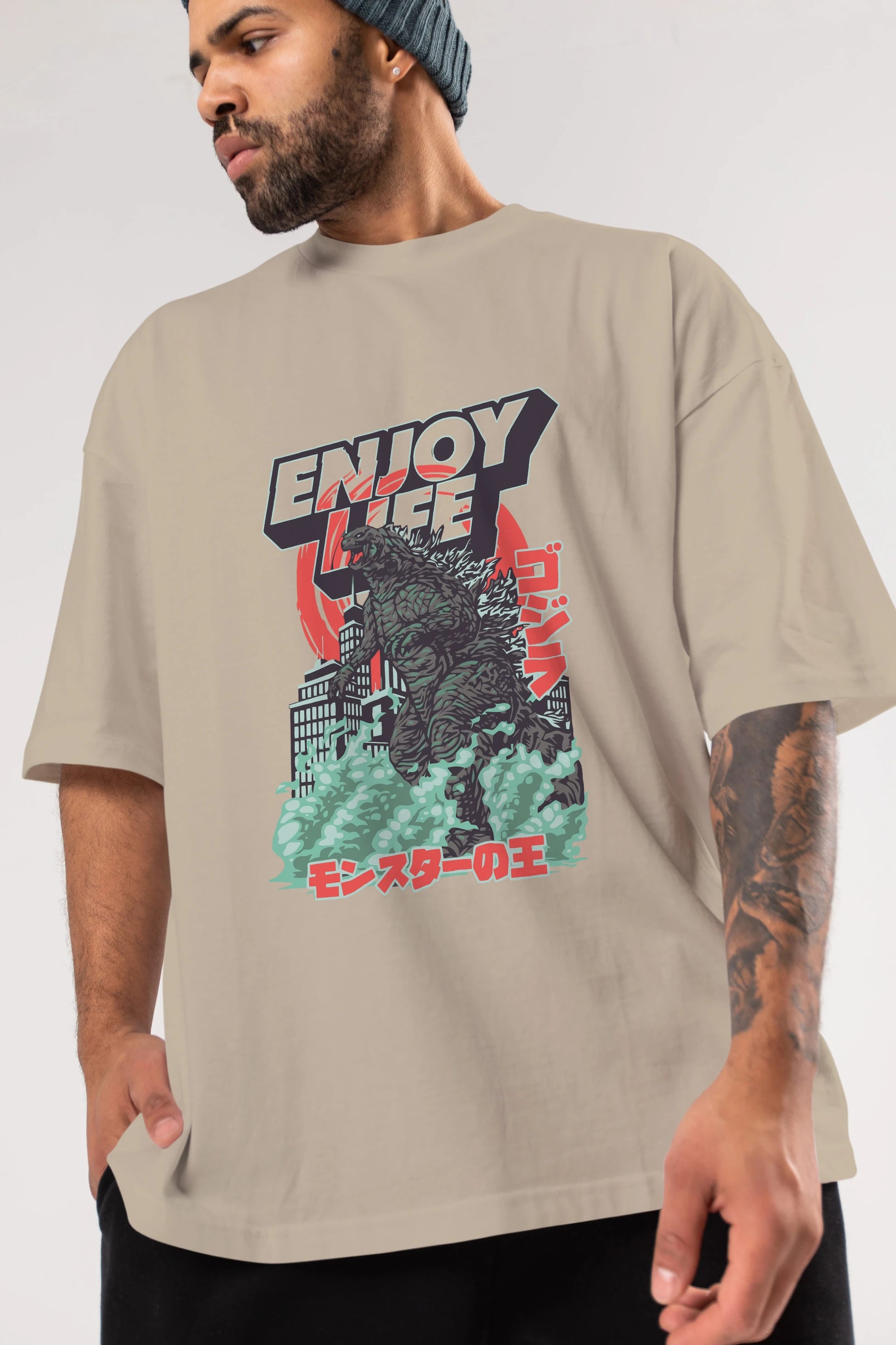 Godzilla Ön Baskılı Oversize t-shirt Erkek Kadın Unisex %100 Pamuk Bisiklet Yaka tişort