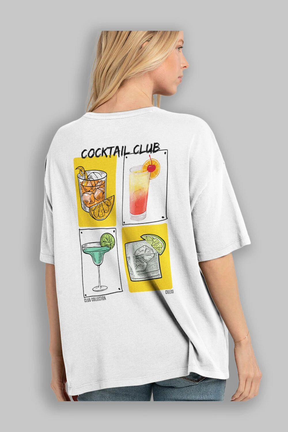 Cocktail Club Arka Baskılı Oversize t-shirt Erkek Kadın %100 Pamuk Bisiklet Yaka tişort