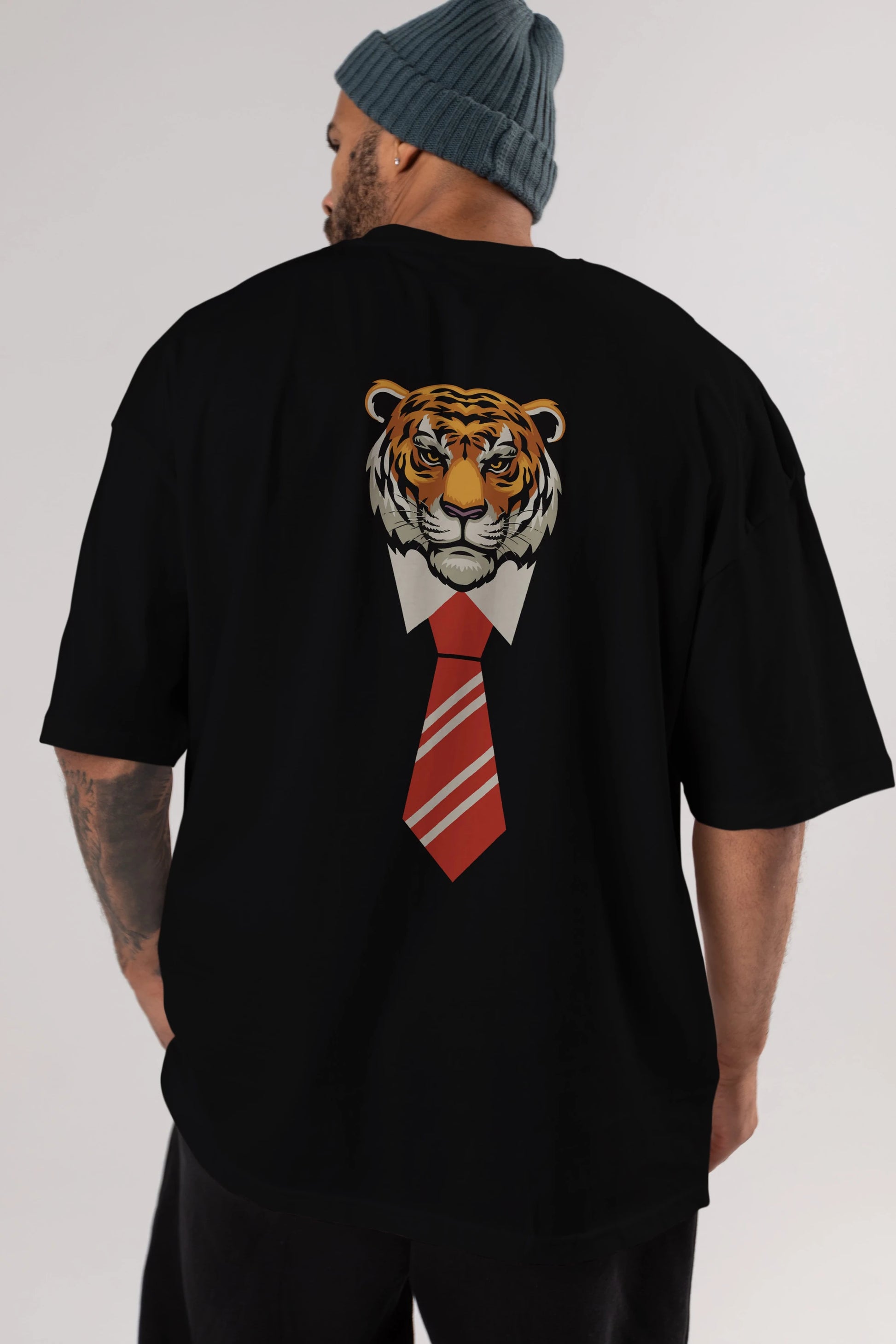 Tiger With Tie Arka Baskılı Oversize t-shirt Erkek Kadın Unisex
