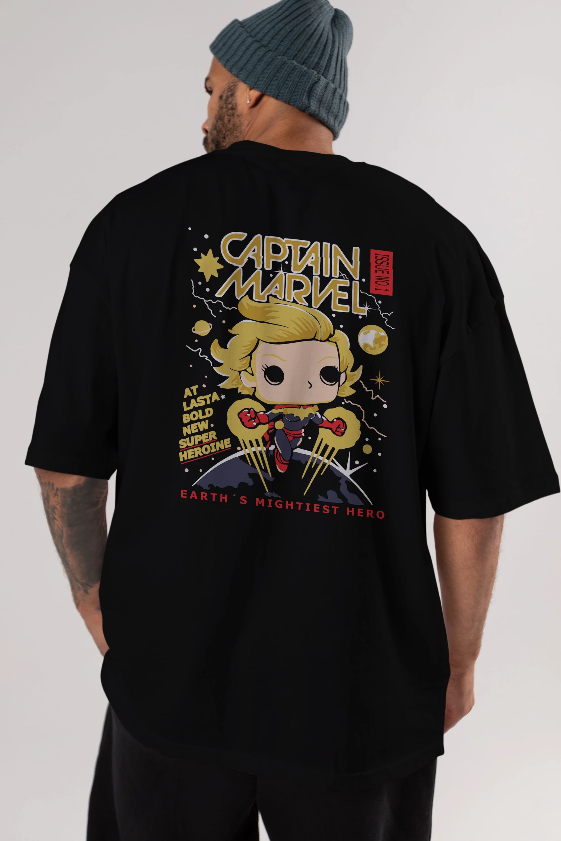 Captain Marvel Arka Baskılı Oversize t-shirt Erkek Kadın Unisex %100 Pamuk Bisiklet Yaka tişort