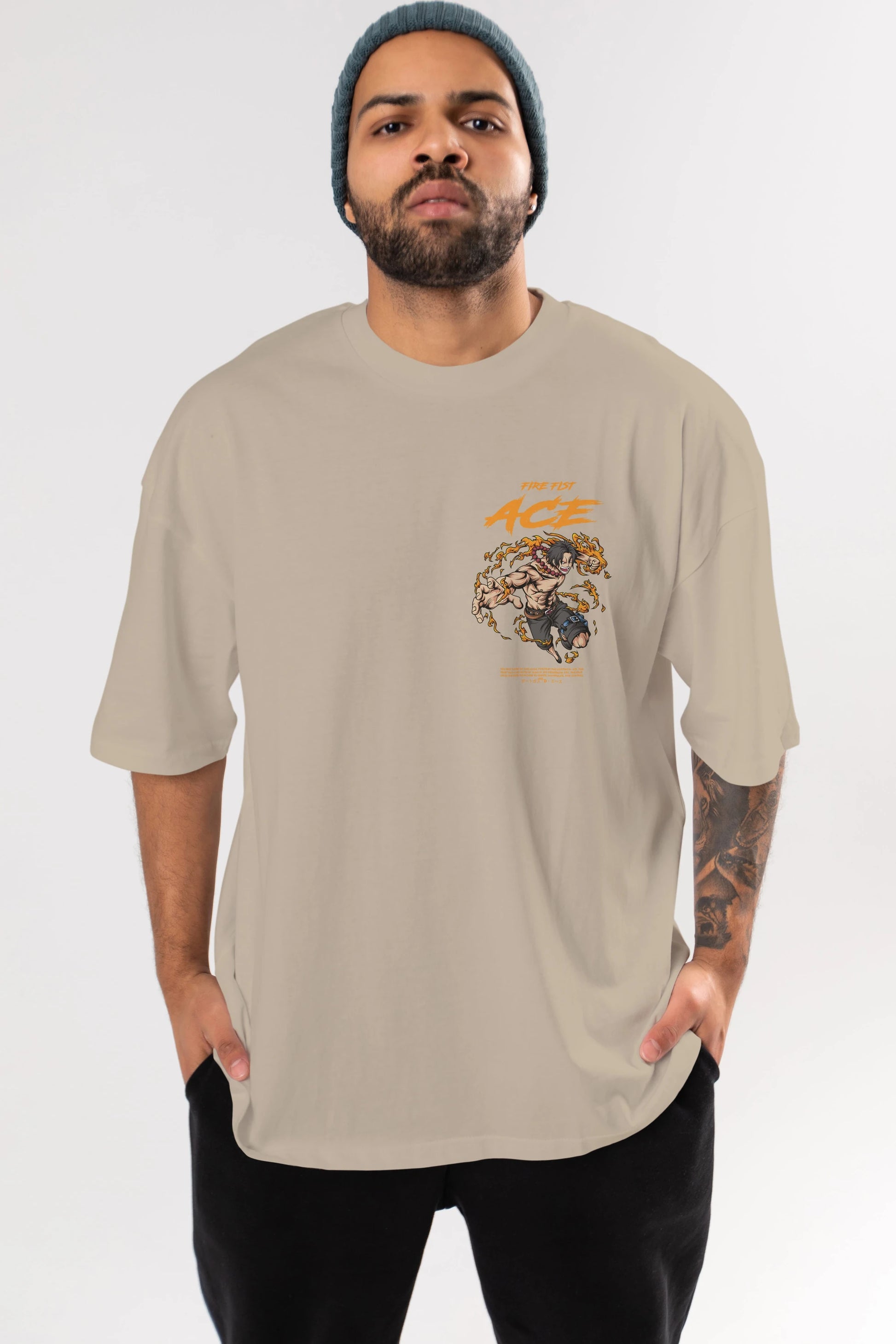 Fire Fist Ace Ön Sol Baskılı Oversize t-shirt Erkek Kadın Unisex %100 Pamuk Bisiklet Yaka tişort