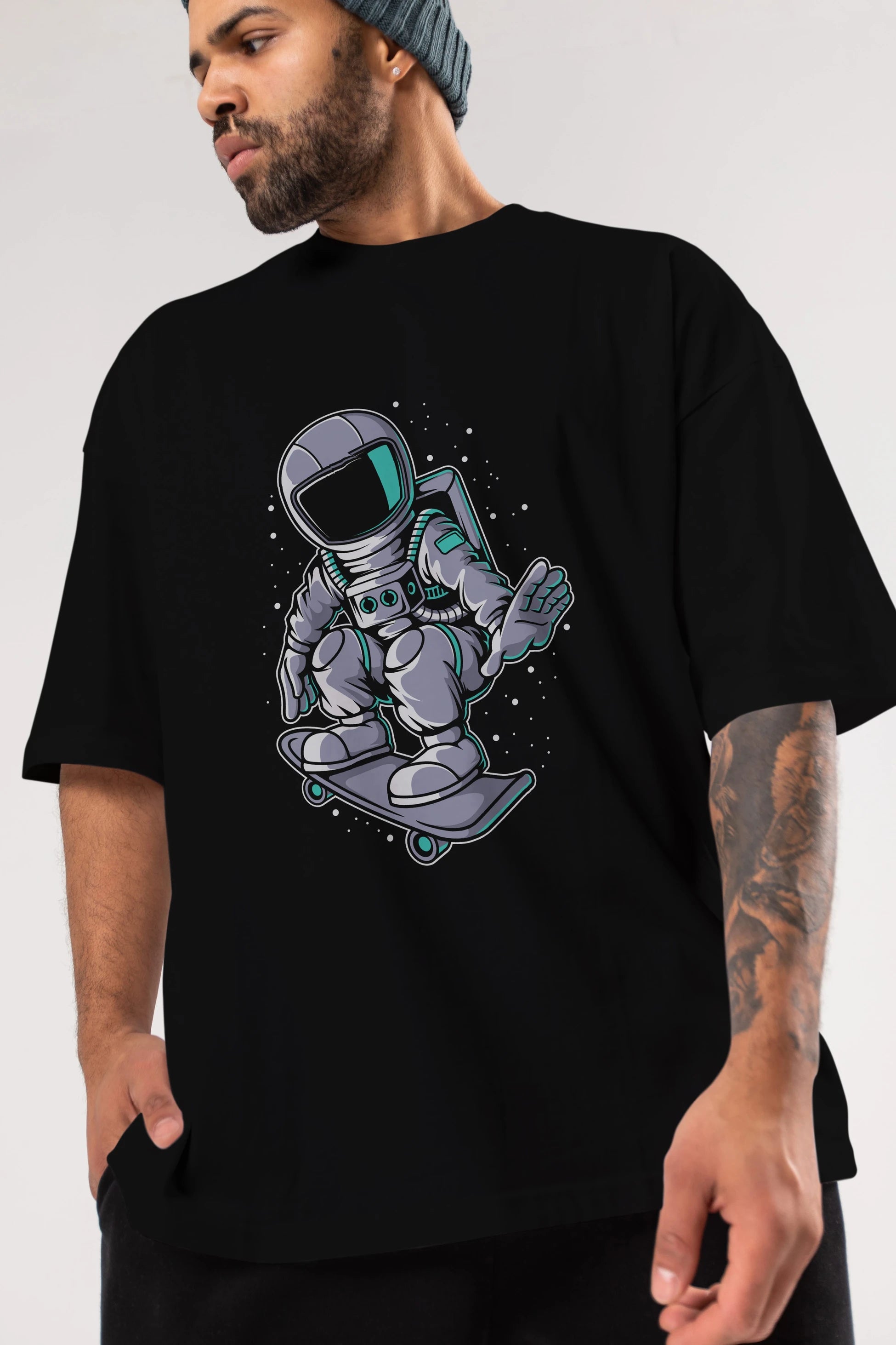Astronaut Skater Ön Baskılı Oversize t-shirt Erkek Kadın Unisex