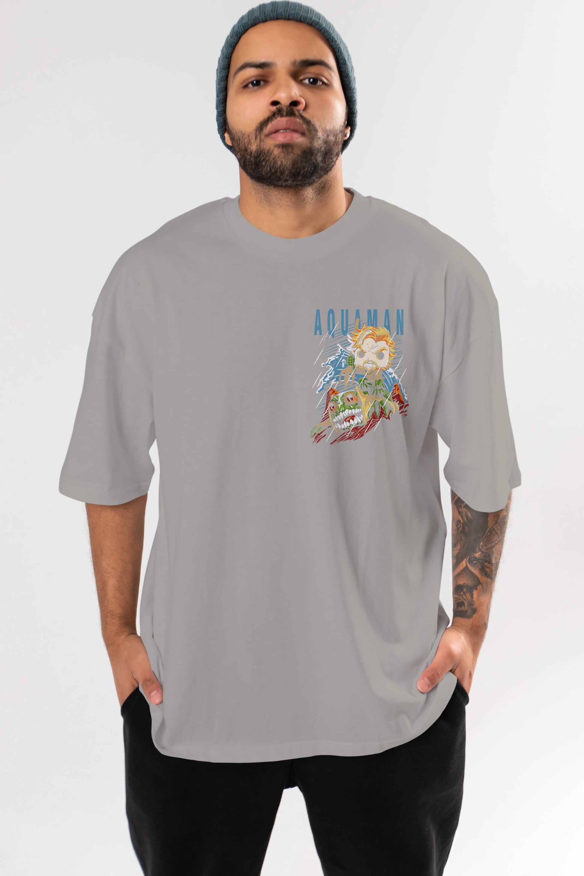 Aquaman Ön Sol Baskılı Oversize t-shirt Erkek Kadın Unisex %100 Pamuk Bisiklet Yaka tişort