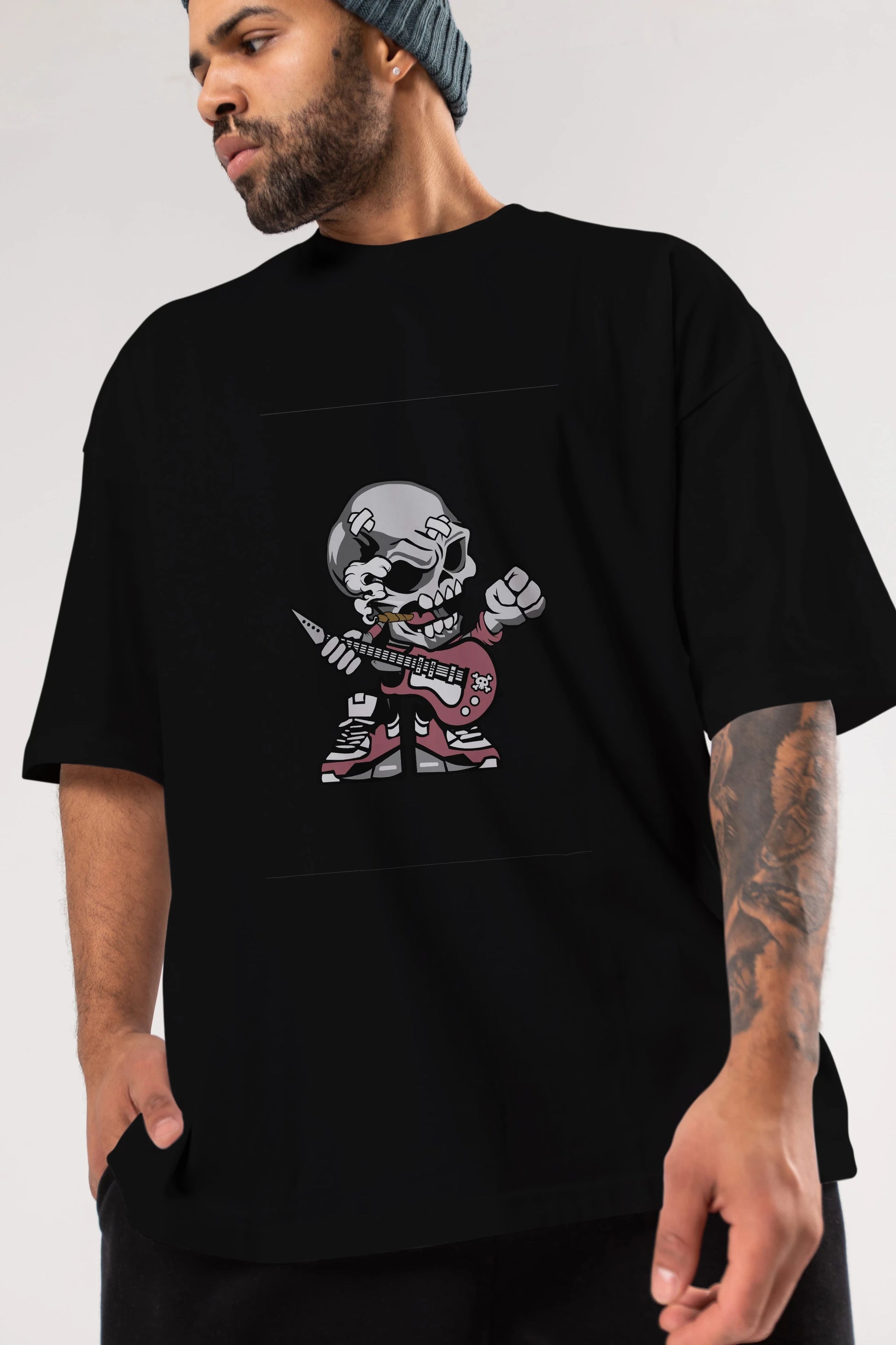 Skull Rockstar Ön Baskılı Oversize t-shirt Erkek Kadın Unisex %100 Pamuk tişort
