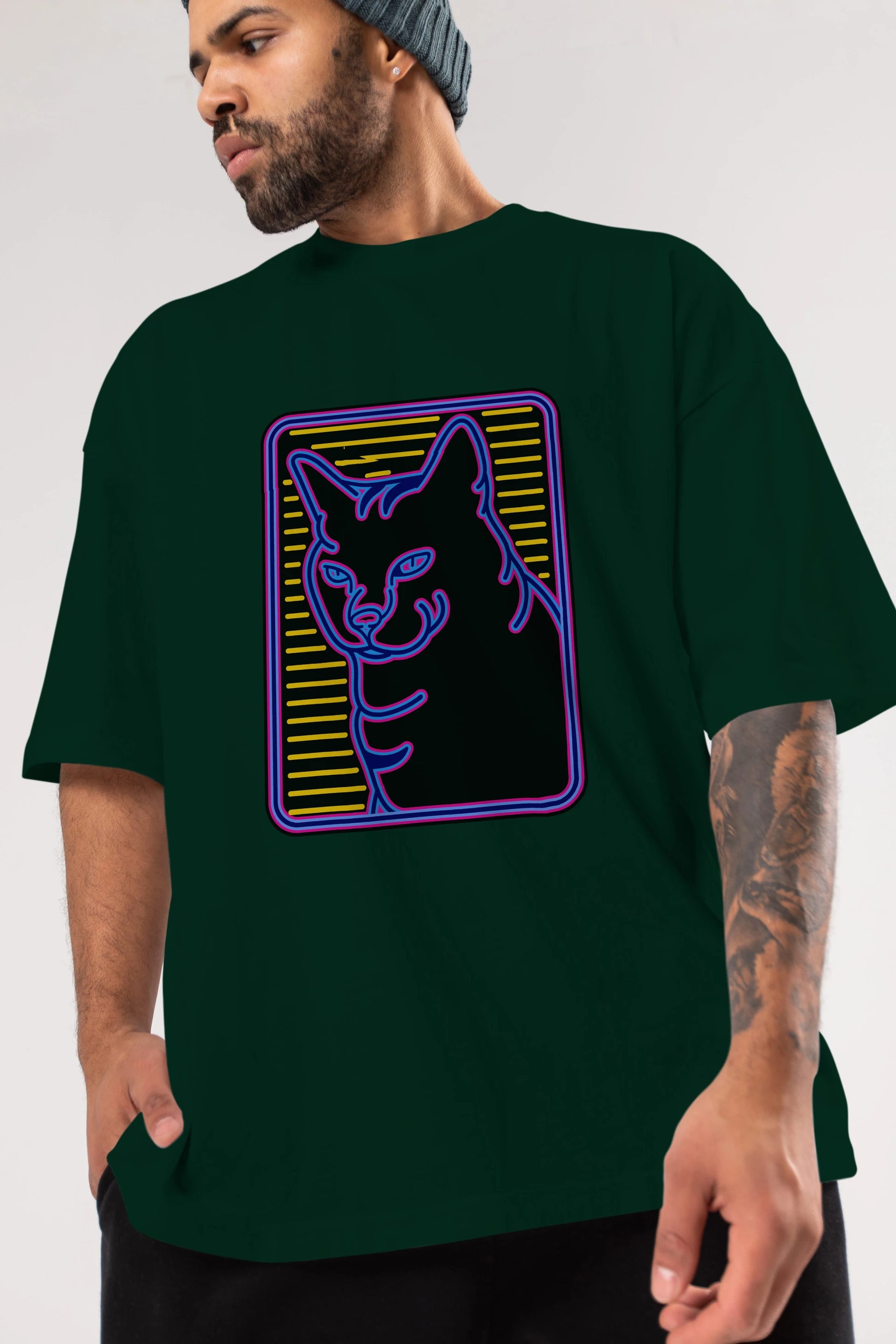 Neon Cat Ön Baskılı Oversize t-shirt Erkek Kadın Unisex