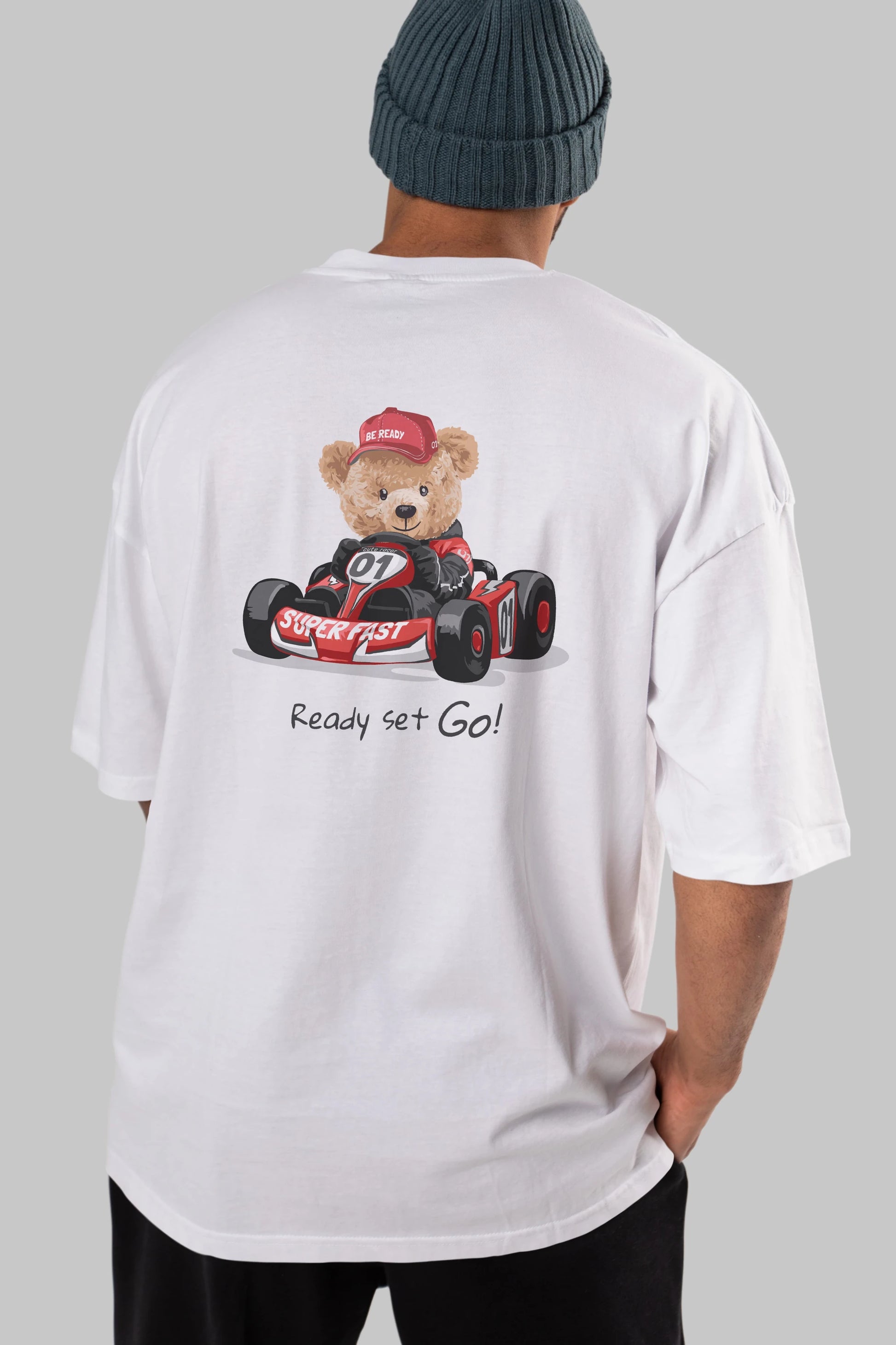 Teddy Bear Ready Set Go Arka Baskılı Oversize t-shirt Erkek Kadın Unisex %100 Pamuk