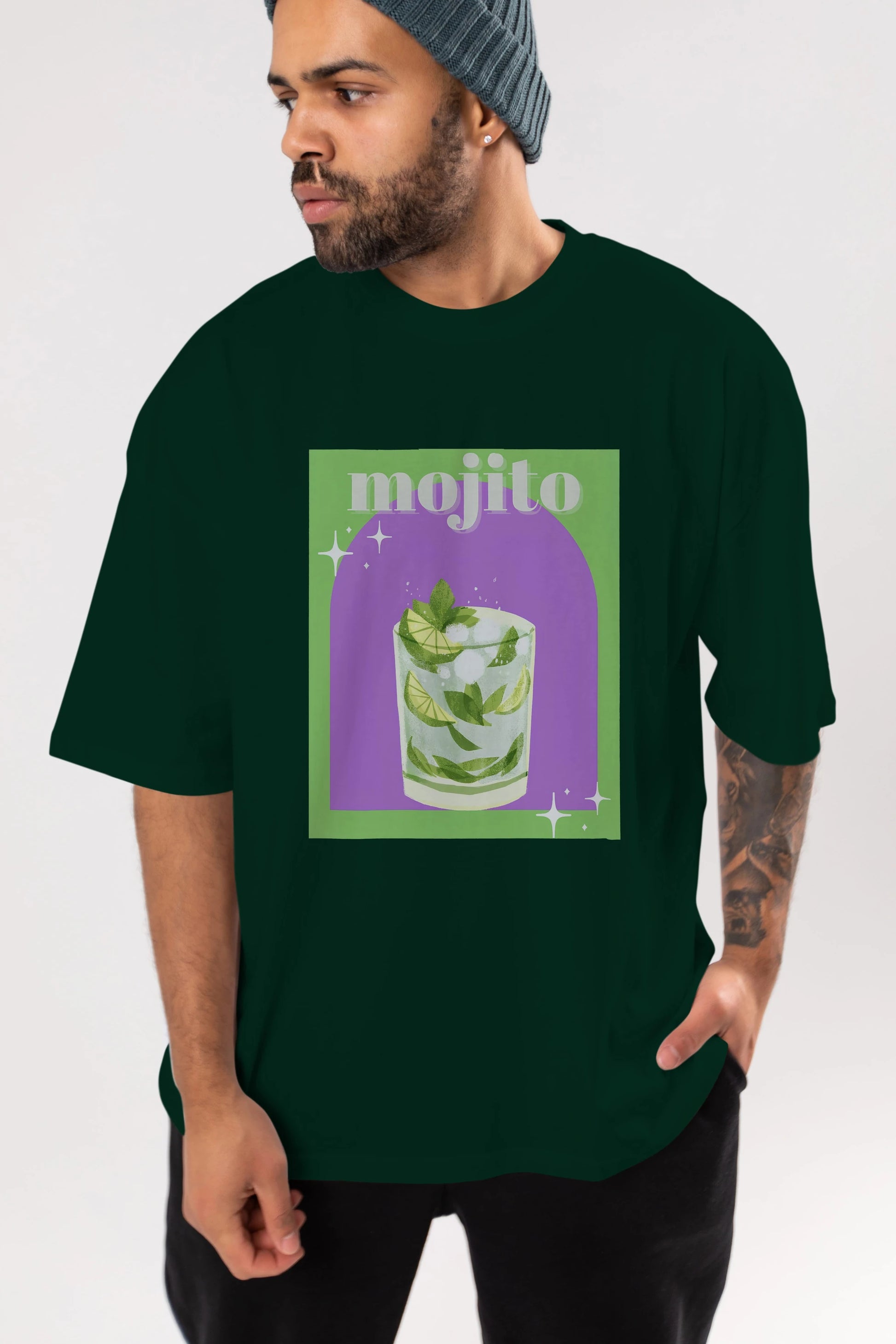 Mojito 3 Ön Baskılı Oversize t-shirt Erkek Kadın Unisex %100 Pamuk Bisiklet Yaka tişort