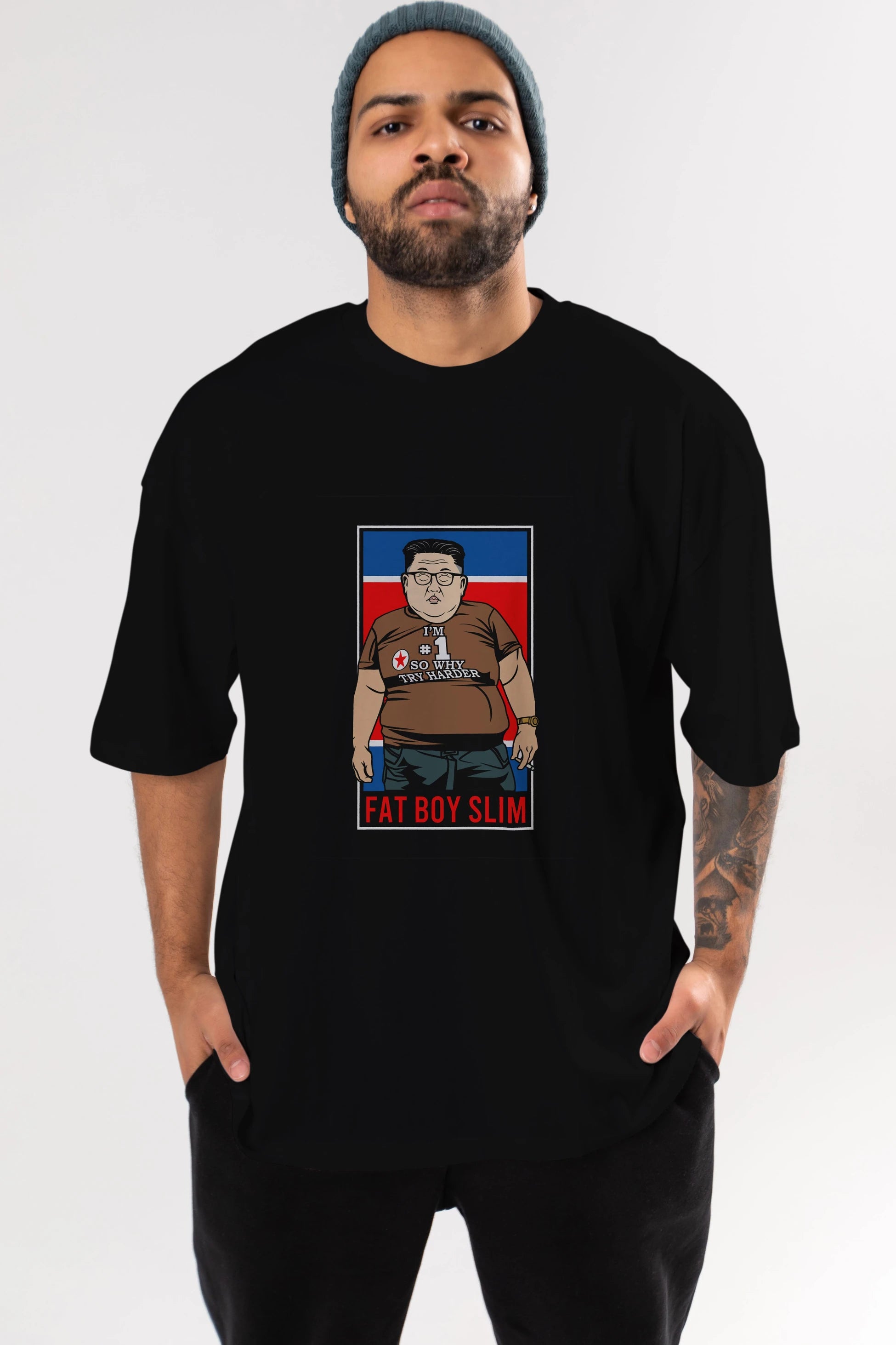 Fat Boy Slim Kim Jong Un Ön Baskılı Oversize t-shirt Erkek Kadın Unisex %100 Pamuk tişort