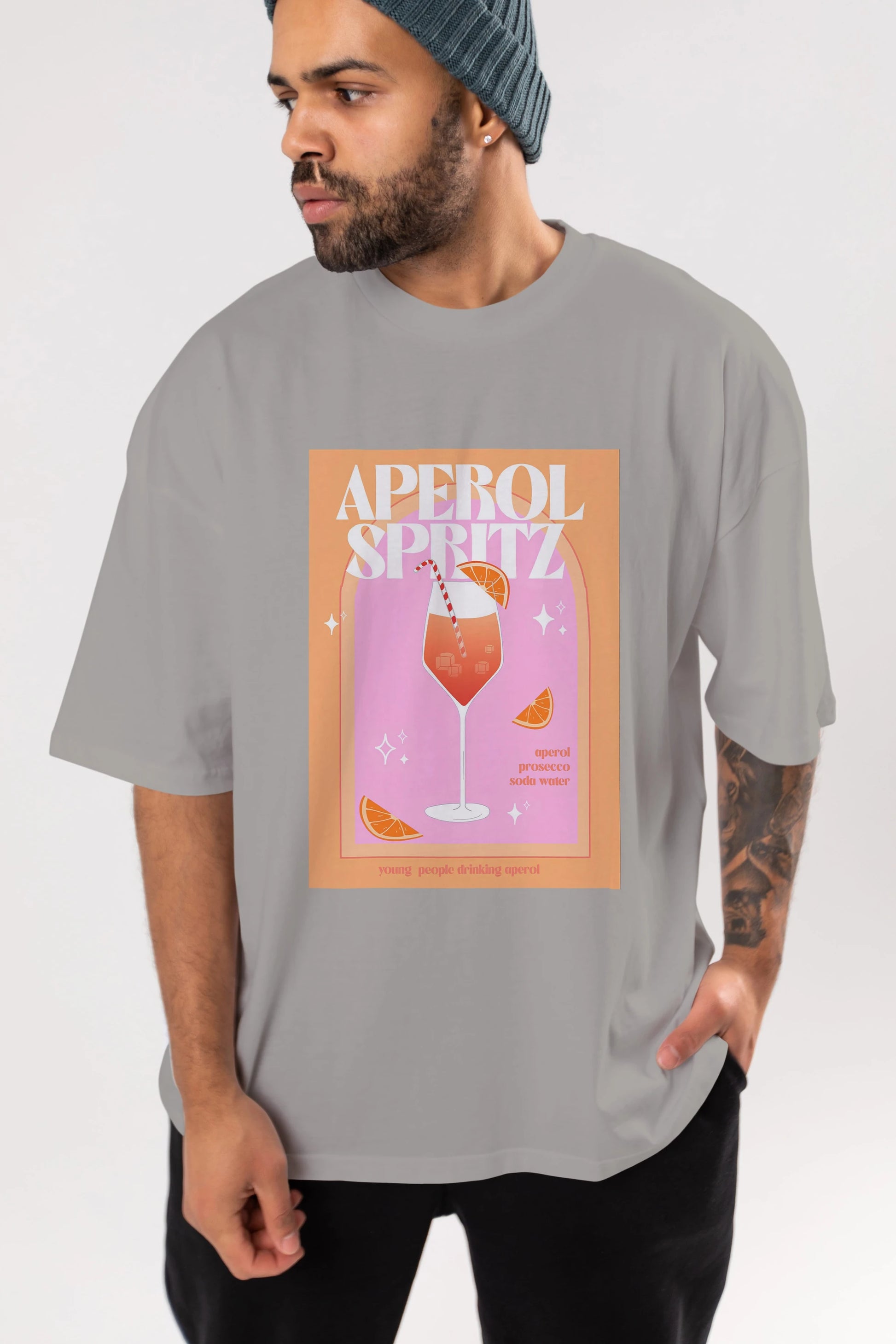 Aperol Spritz 2 Ön Baskılı Oversize t-shirt Erkek Kadın Unisex %100 Pamuk Bisiklet Yaka tişort