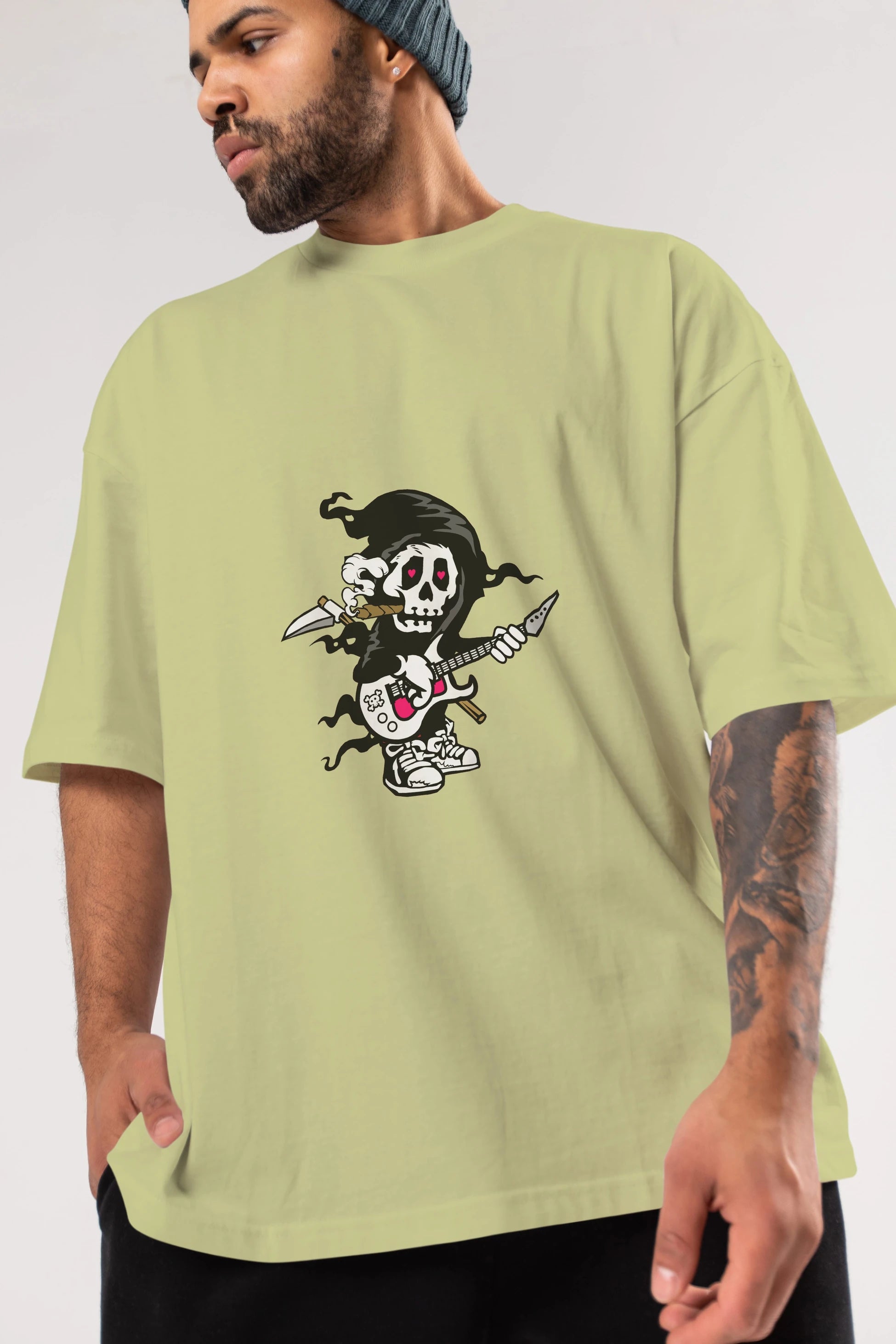 Grim Rockstar Ön Baskılı Oversize t-shirt Erkek Kadın Unisex %100 Pamuk tişort