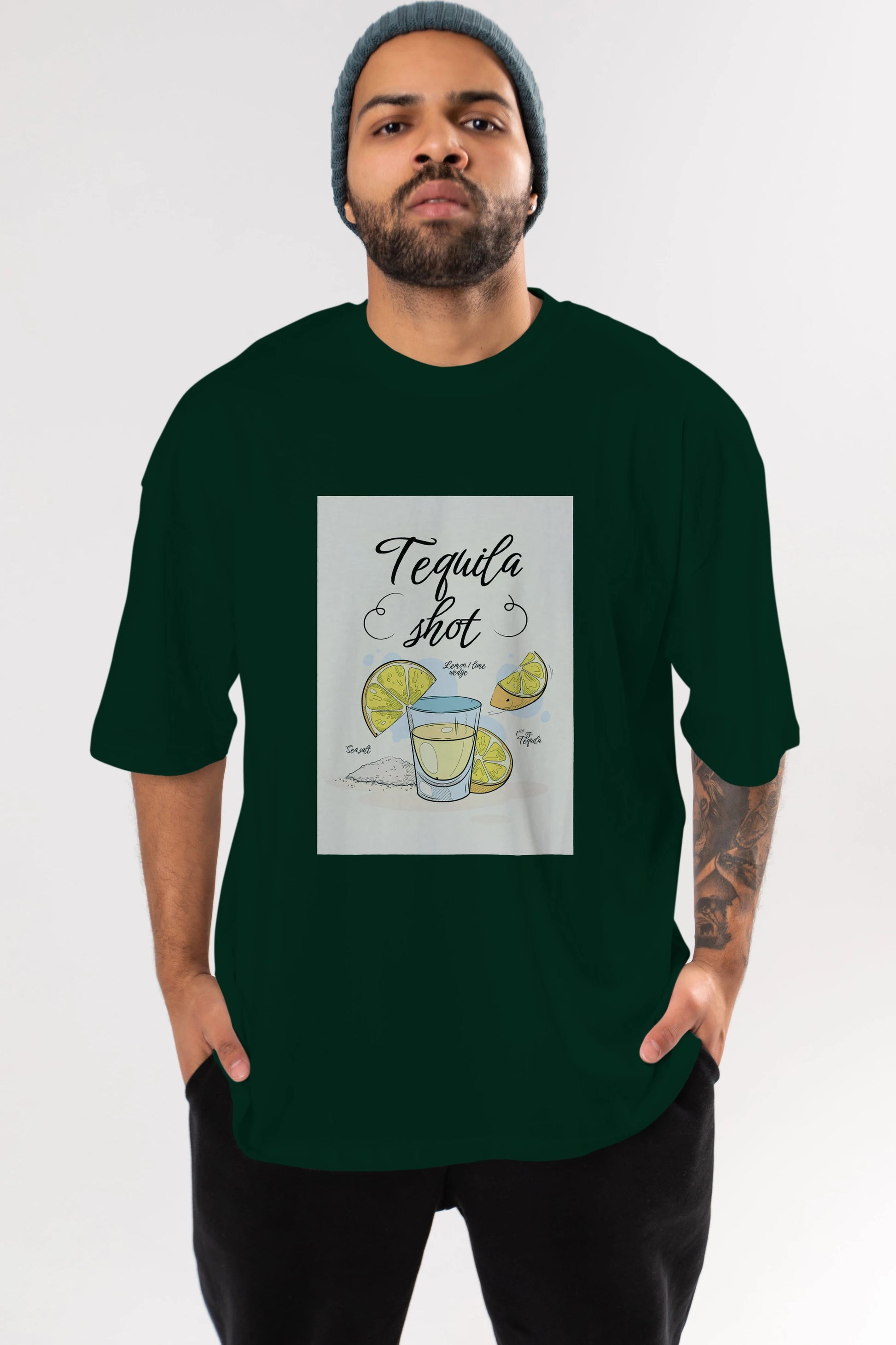 Tequila Shot Ön Baskılı Oversize t-shirt Erkek Kadın Unisex %100 Pamuk Bisiklet Yaka tişort
