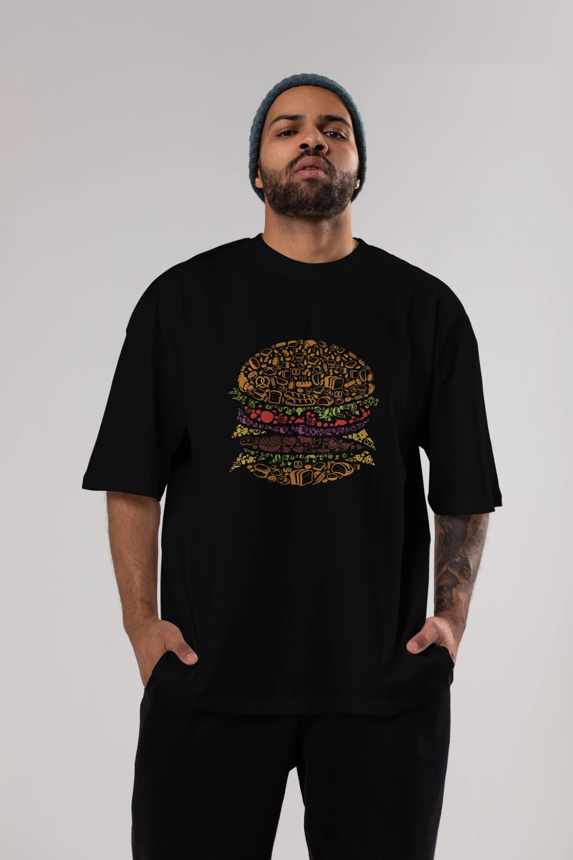 Burger Ön Baskılı Oversize t-shirt %100 pamuk Erkek Kadın Unisex