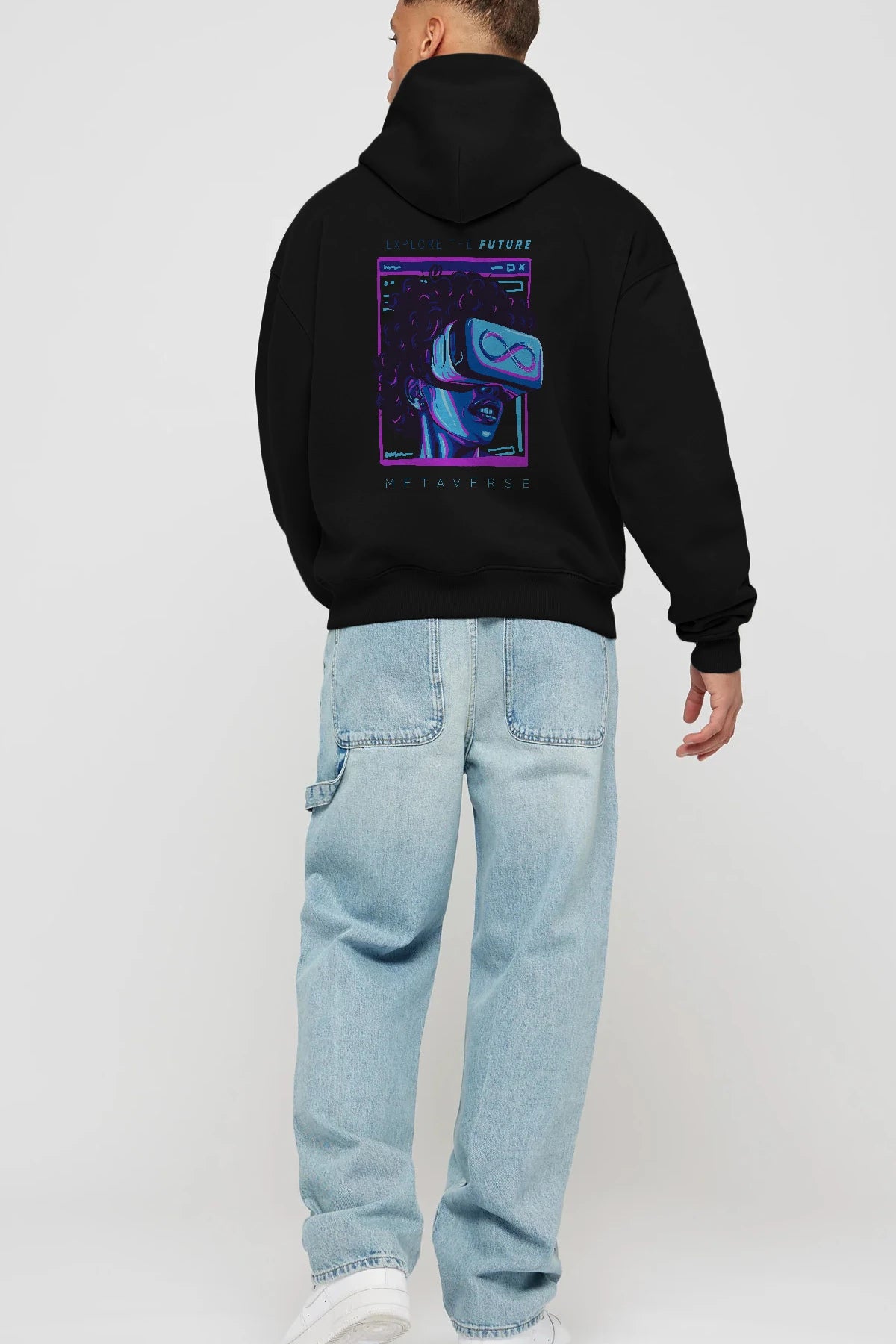 Metaverse Arka Baskılı Hoodie Oversize Kapüşonlu Sweatshirt Erkek Kadın Unisex
