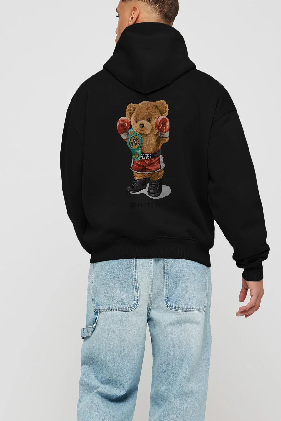 Teddy Bear Victory Arka Baskılı Hoodie Oversize Kapüşonlu Sweatshirt Erkek Kadın Unisex