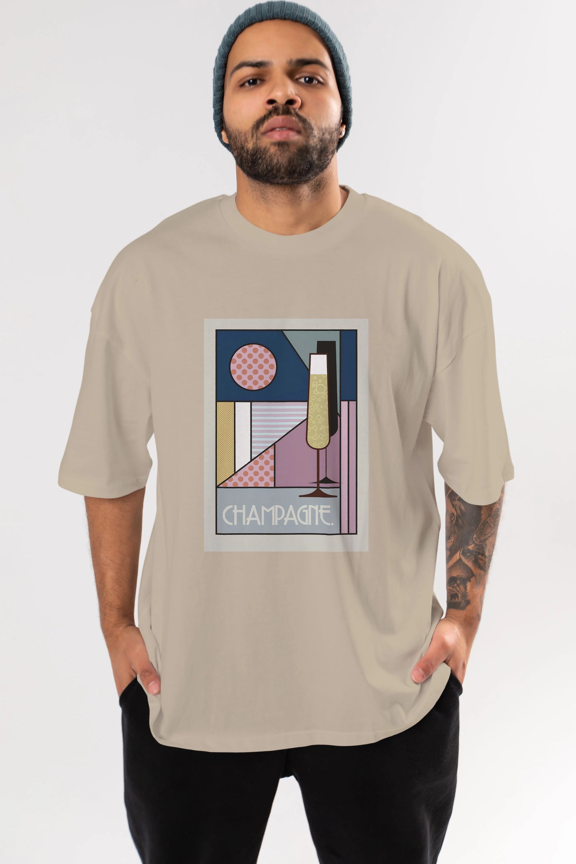 Champagne Ön Baskılı Oversize t-shirt Erkek Kadın Unisex %100 Pamuk Bisiklet Yaka tişort