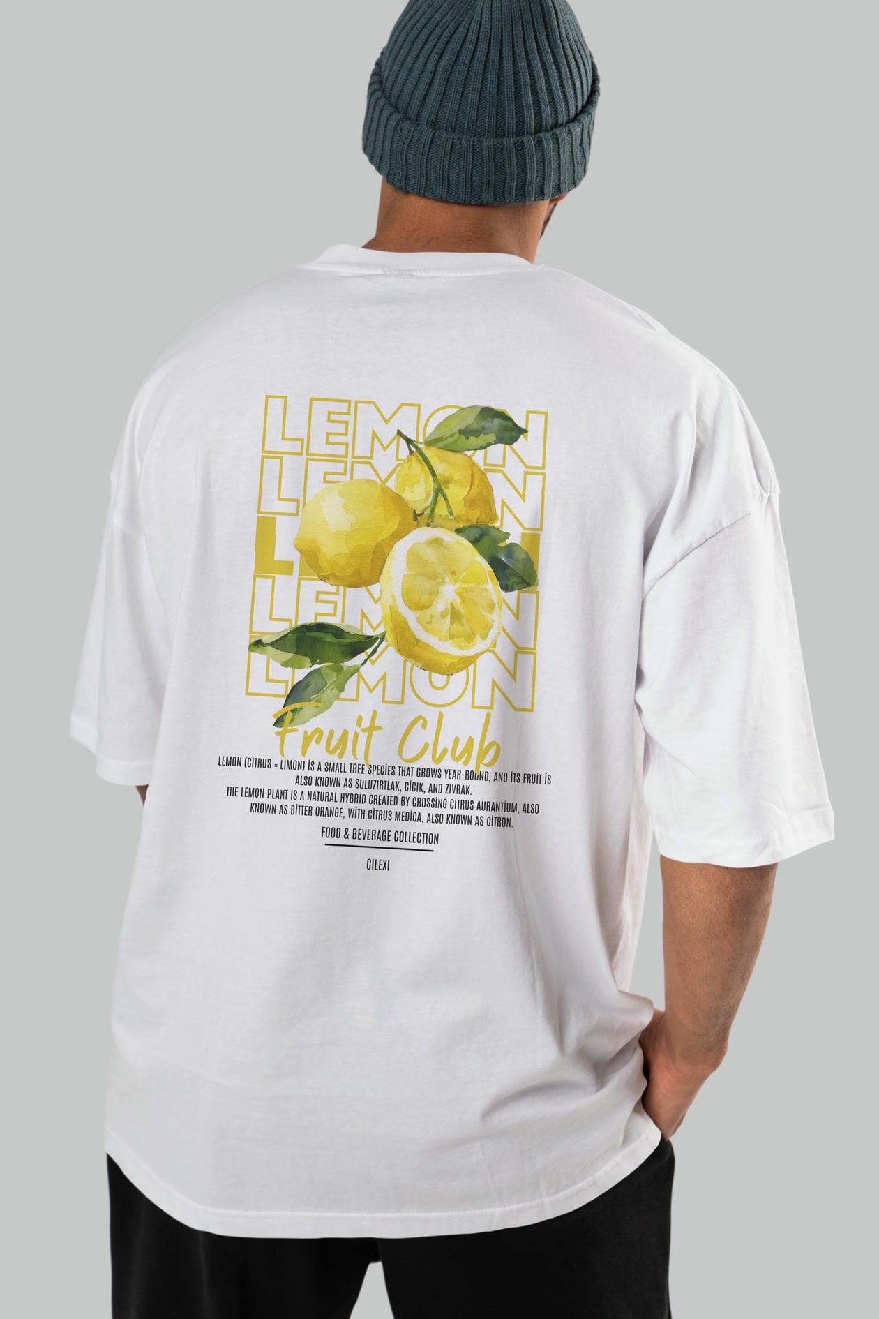 Lemon Arka Baskılı Oversize t-shirt Erkek Kadın Pamuk Bisiklet Yaka tişort