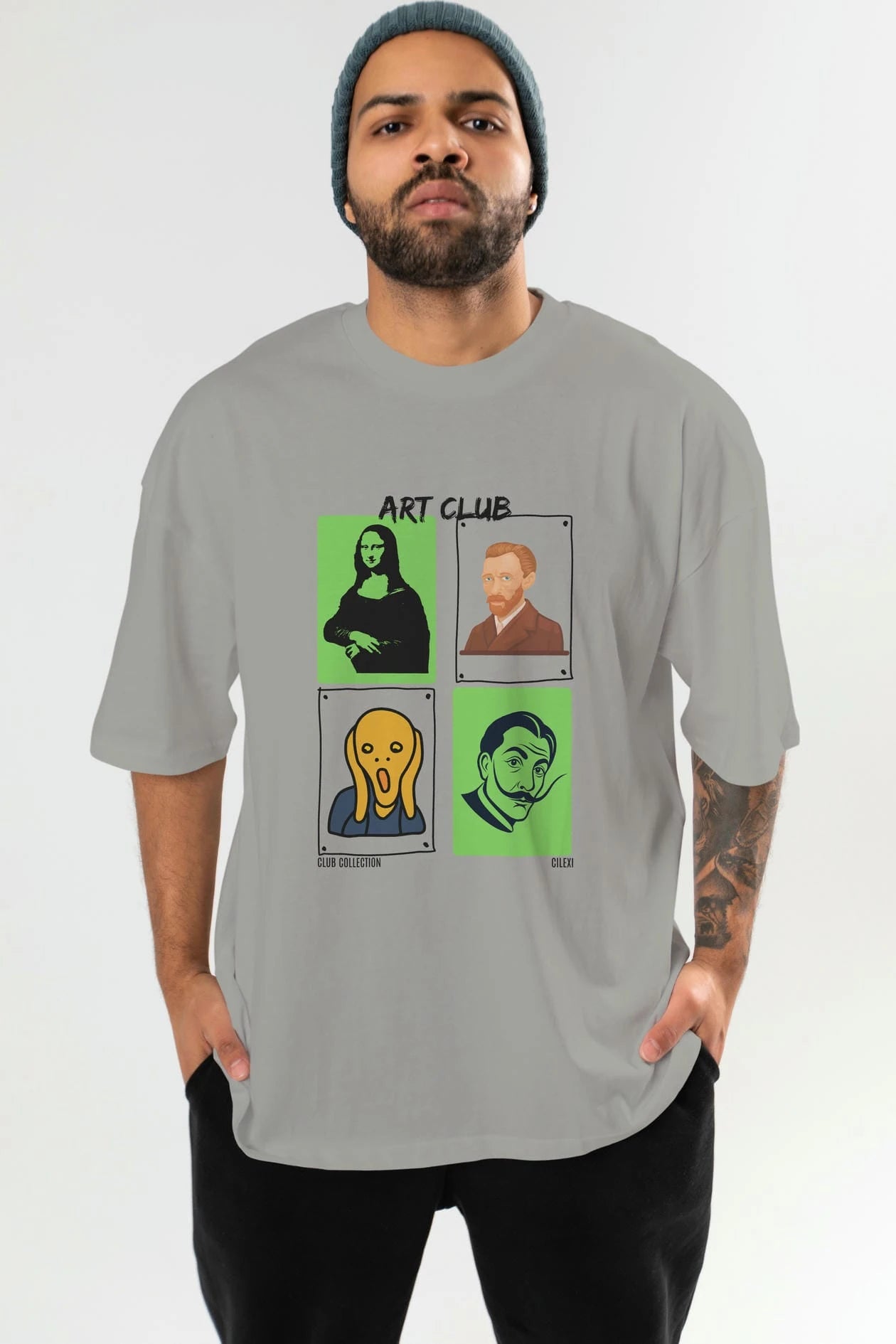 Art Club ön Baskılı Oversize t-shirt Erkek Kadın %100 Pamuk Bisiklet Yaka tişort