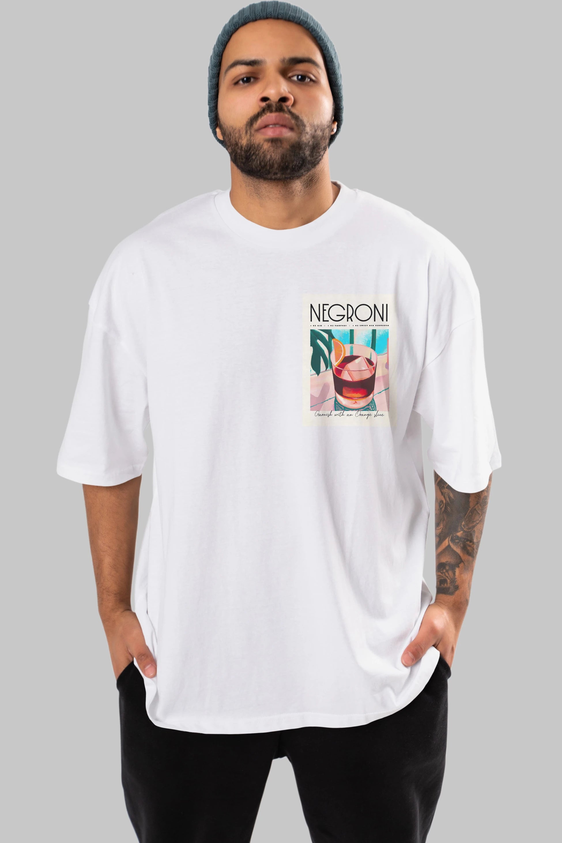 Negroni 4 Ön Sol Baskılı Oversize t-shirt Erkek Kadın Unisex %100 Pamuk Bisiklet Yaka tişort
