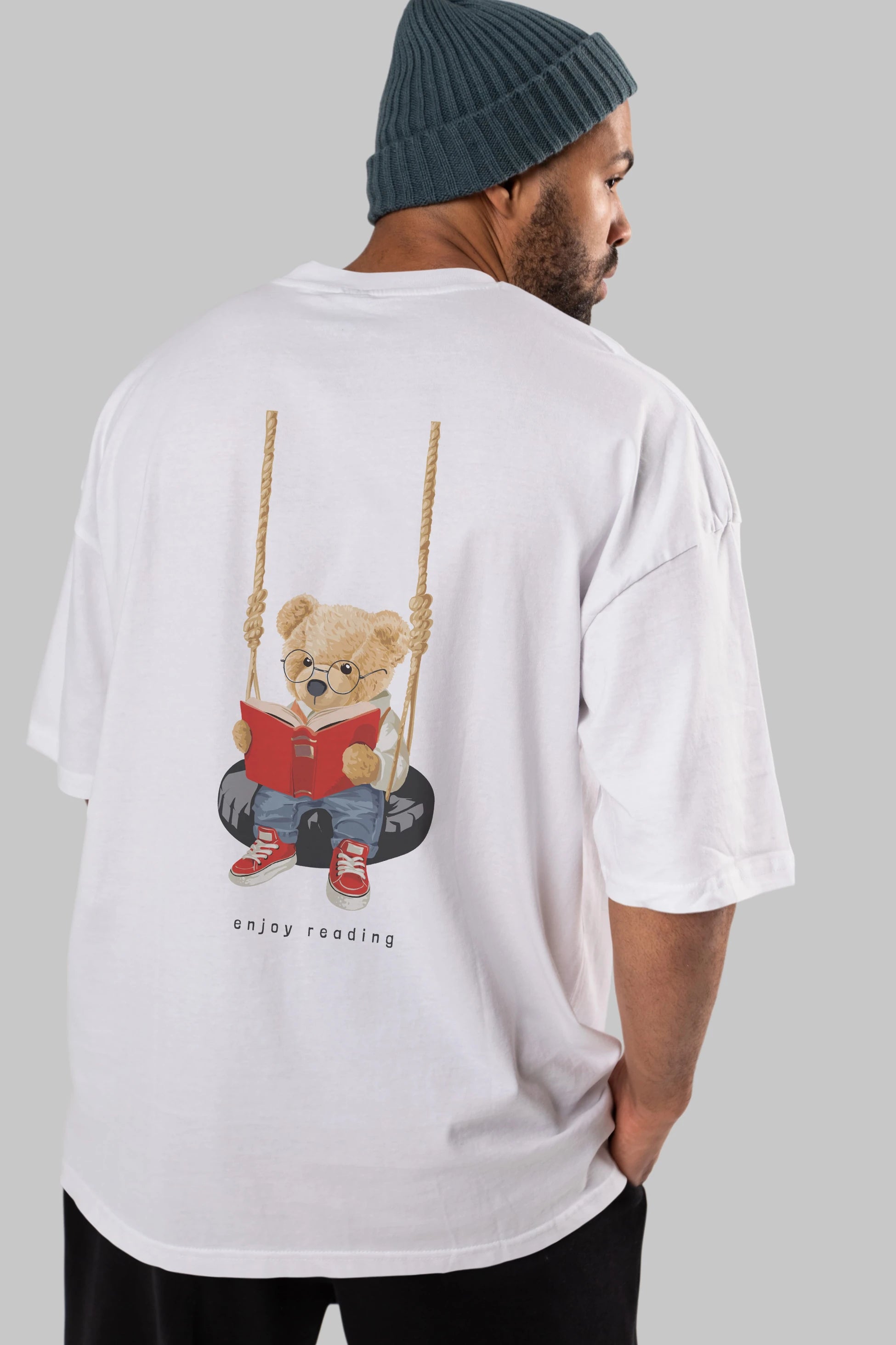 Teddy Bear Enjoy Reading Arka Baskılı Oversize t-shirt Erkek Kadın Unisex %100 Pamuk