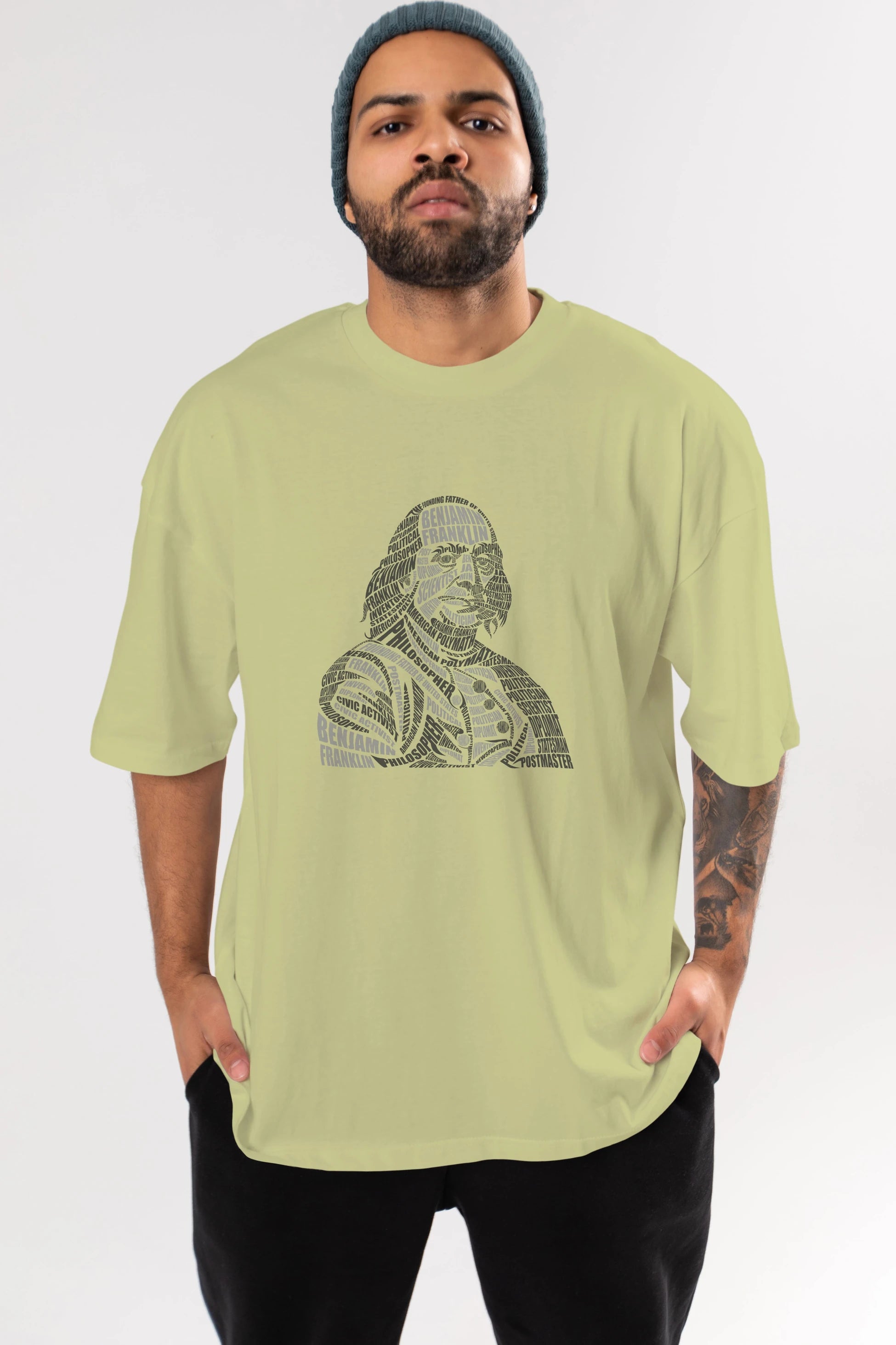 Benjamin Franklin Calligram Ön Baskılı Oversize t-shirt %100 pamuk Erkek Kadın Unisex