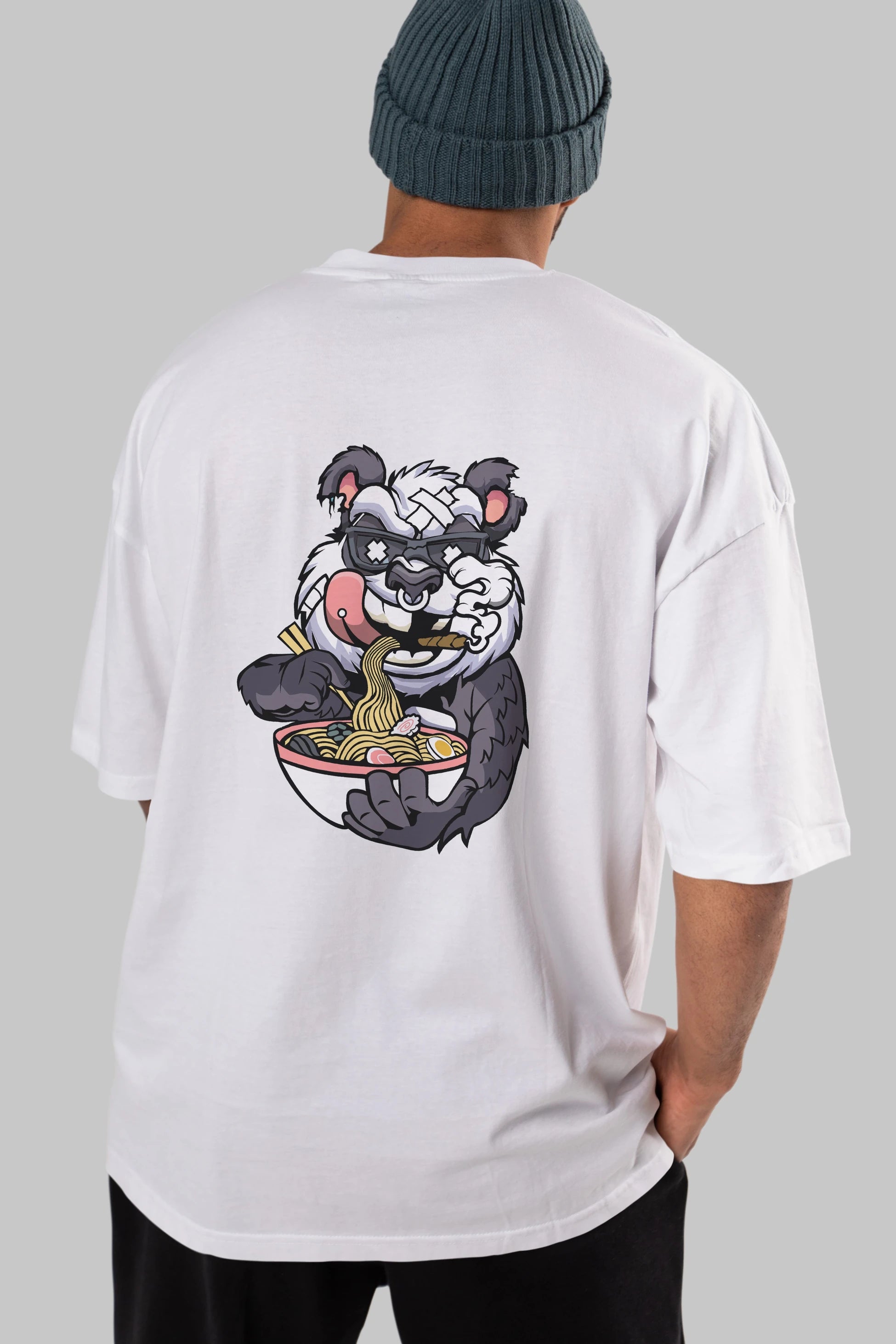 Panda Ramen Arka Baskılı Oversize t-shirt Erkek Kadın Unisex %100 Pamuk tişort