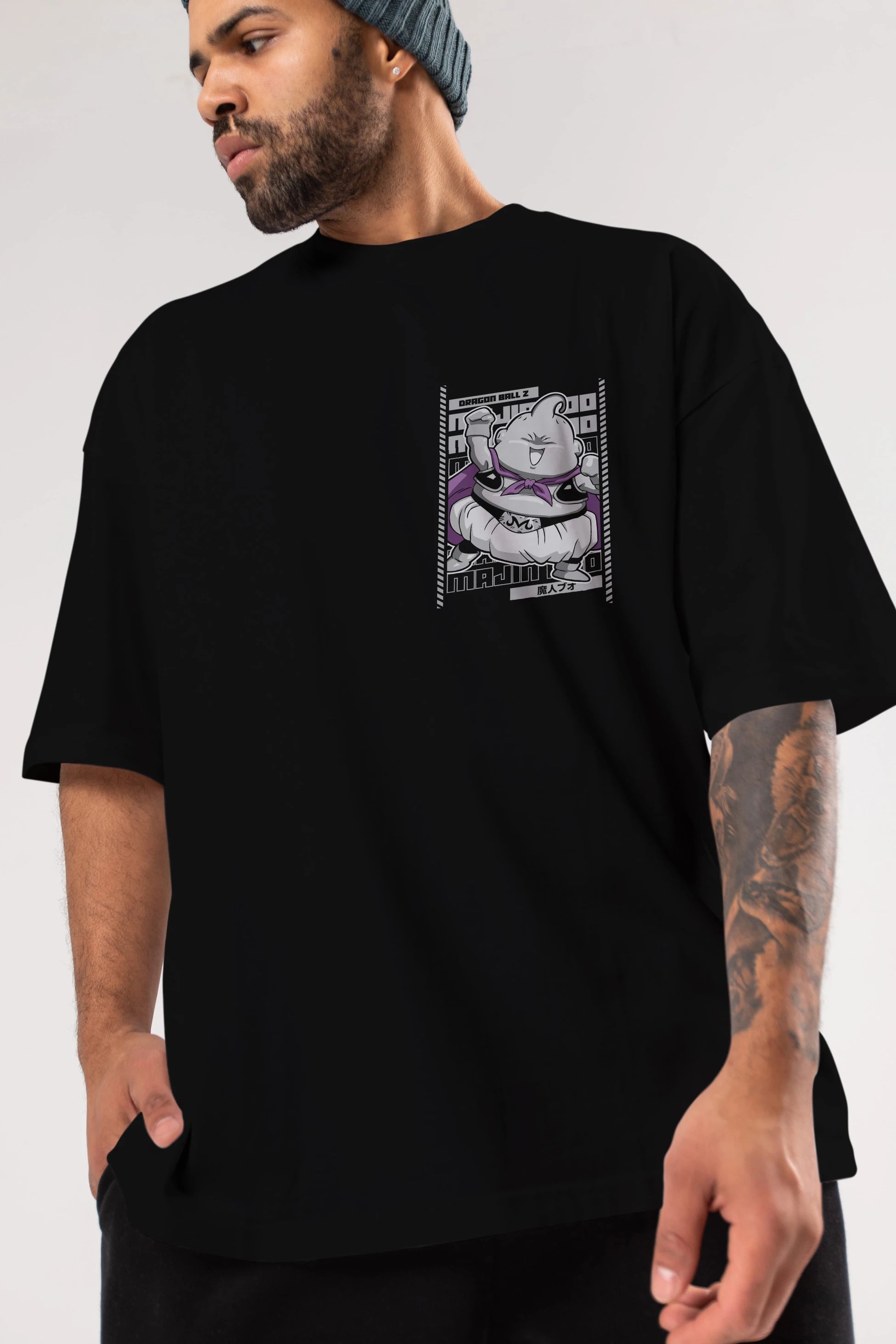 MAJIN BOO2 Ön Sol Baskılı Oversize t-shirt Erkek Kadın Unisex %100 Pamuk Bisiklet Yaka tişort