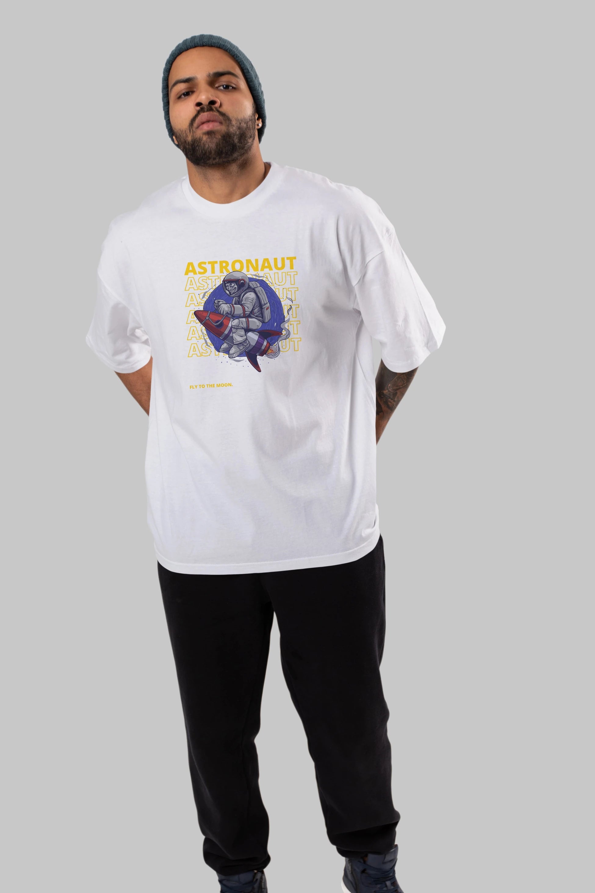 Astronaut Fly to the Moon Yazılı Ön Baskılı Oversize t-shirt Erkek Kadın Unisex