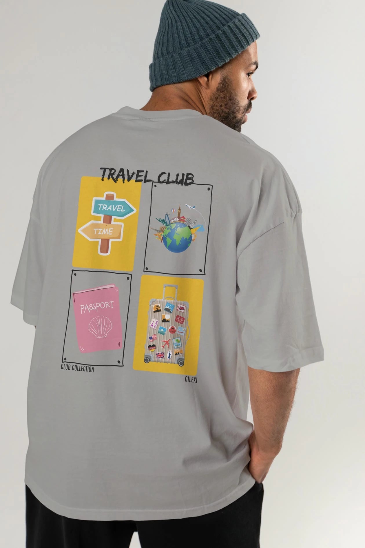 Travel Club Arka Baskılı Oversize t-shirt Erkek Kadın %100 Pamuk Bisiklet Yaka tişort