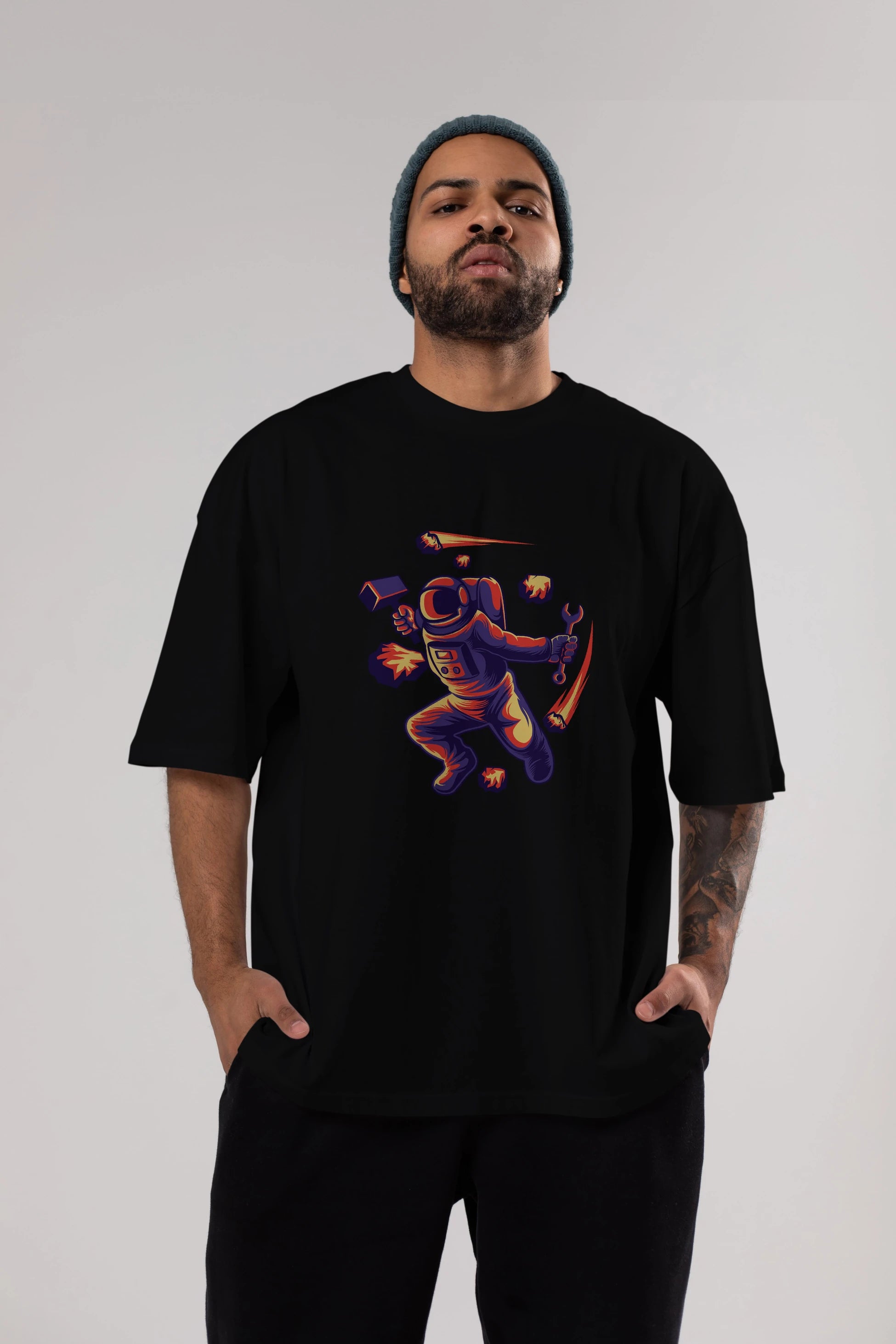 Astronaut Block Meteor Ön Baskılı Oversize t-shirt Erkek Kadın Unisex