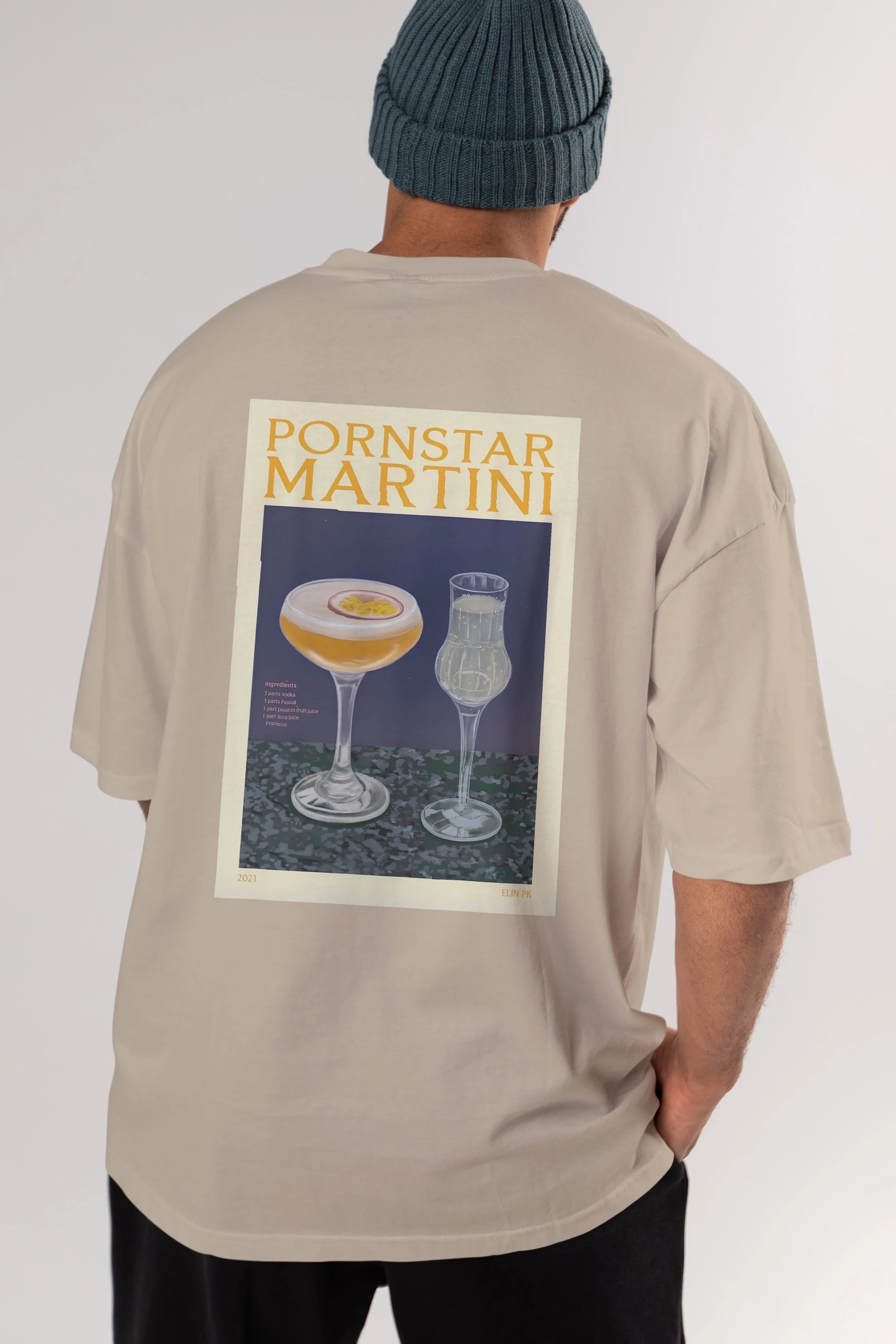P.rnstar Martini Arka Baskılı Oversize t-shirt Erkek Kadın Unisex %100 Pamuk Bisiklet Yaka tişort