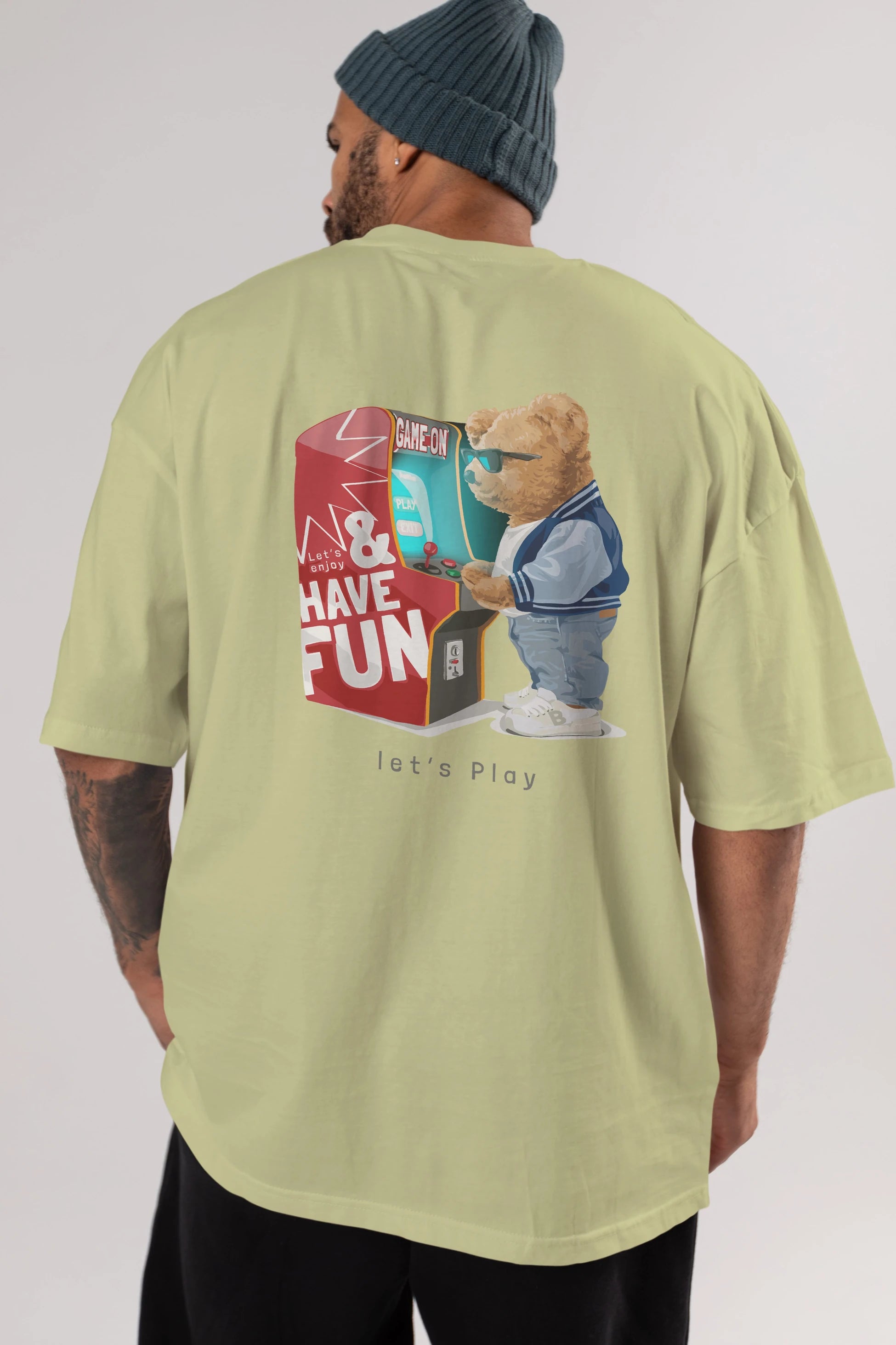 Teddy Bear Lets Play Arka Baskılı Oversize t-shirt Erkek Kadın Unisex %100 Pamuk