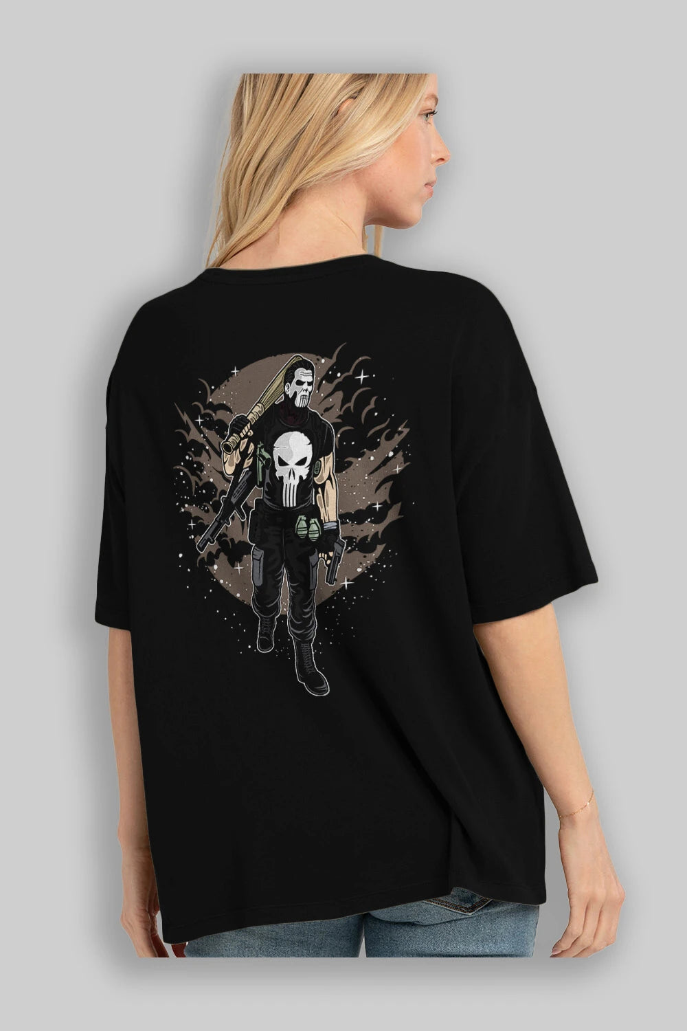 Punisher Arka Baskılı Oversize t-shirt Erkek Kadın Unisex %100 Pamuk