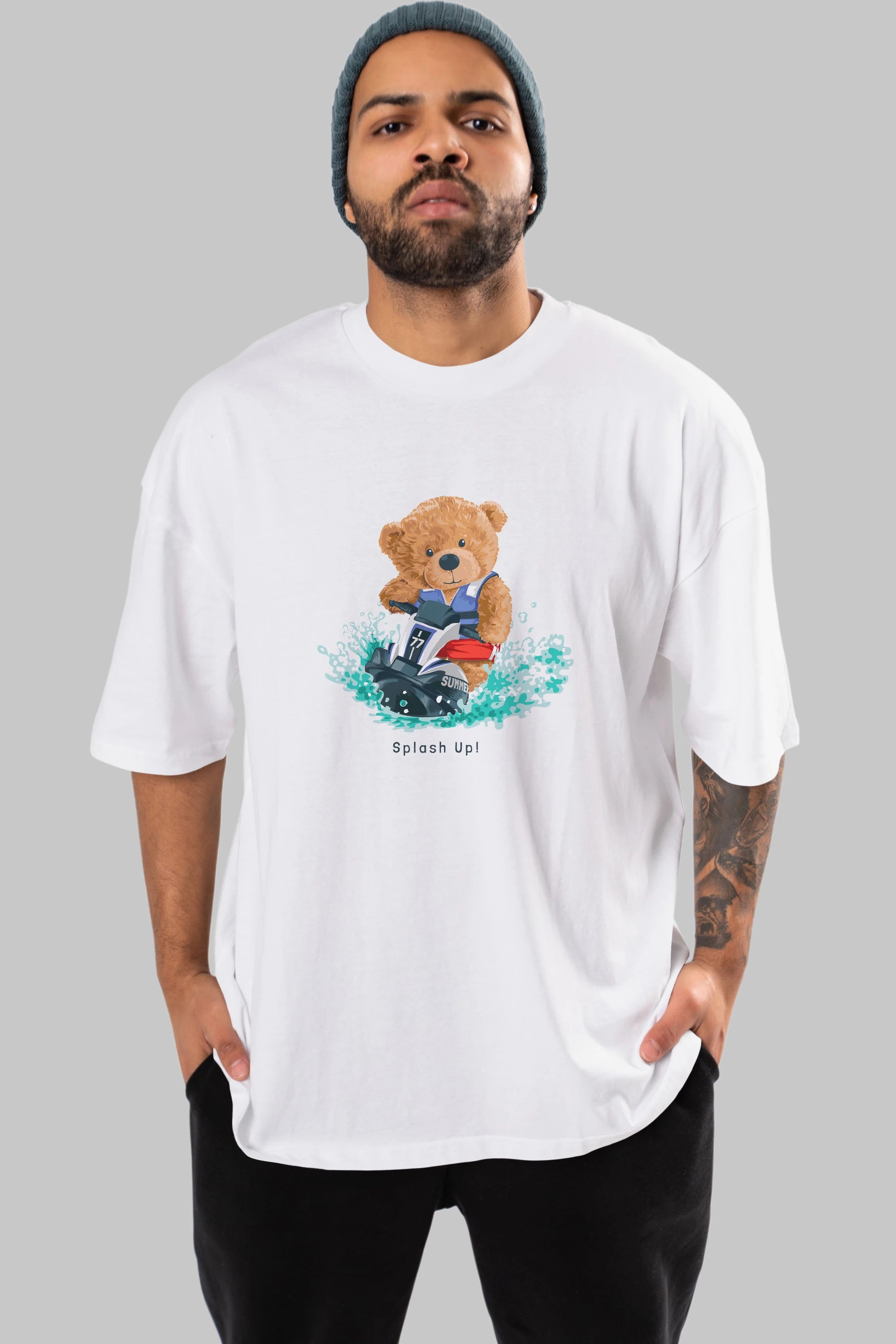 Teddy Bear Splash Up Ön Baskılı Oversize t-shirt Erkek Kadın Unisex %100 Pamuk