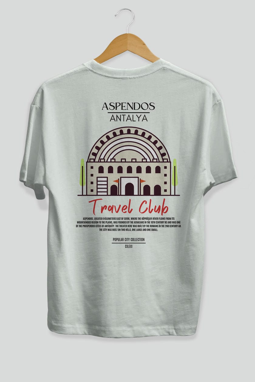 Aspendos Antalya Arka Baskılı Oversize t-shirt Erkek Kadın Pamuk Bisiklet Yaka tişort