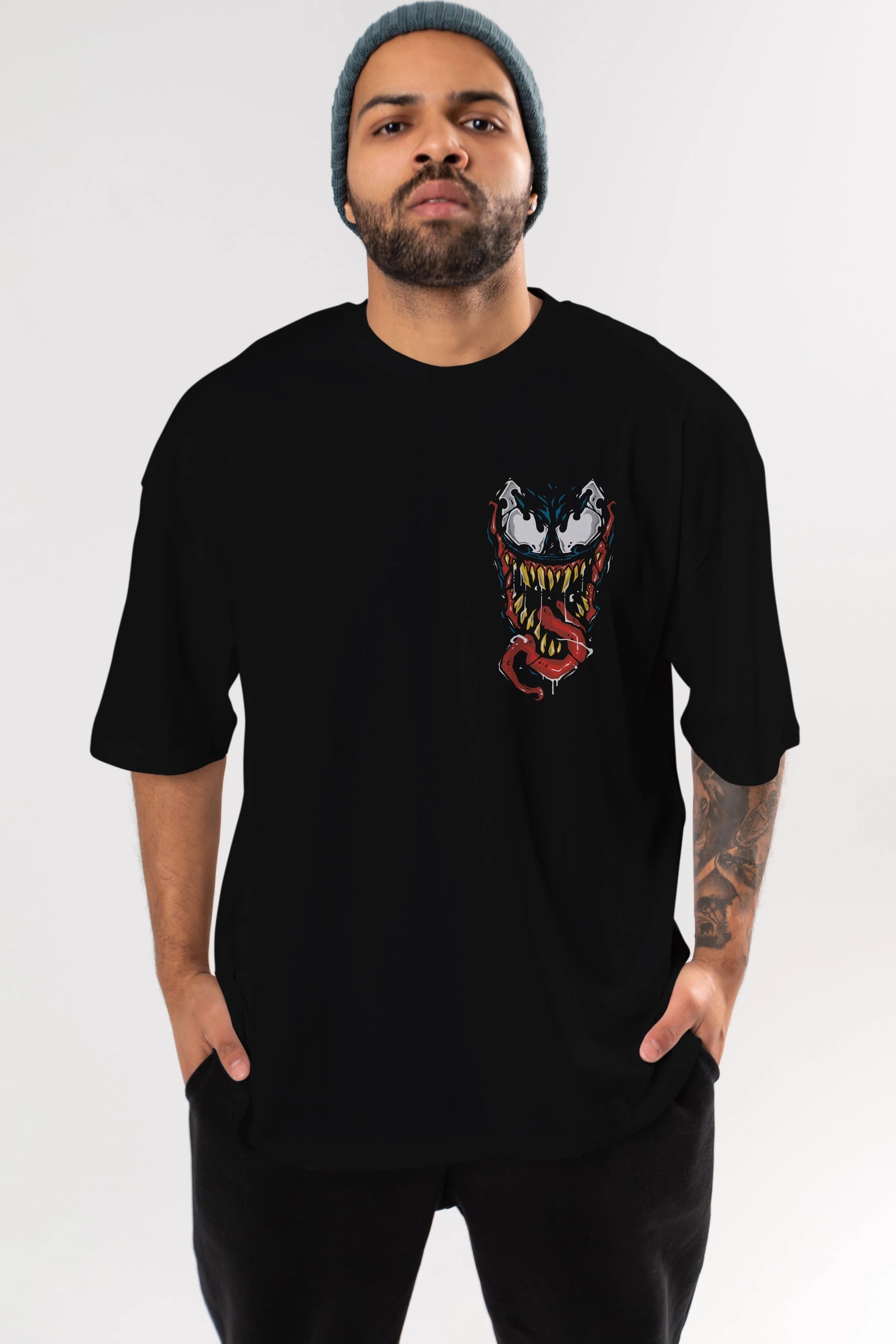 Venom (15) Ön Sol Baskılı Oversize t-shirt Erkek Kadın Unisex %100 Pamuk Bisiklet Yaka tişort