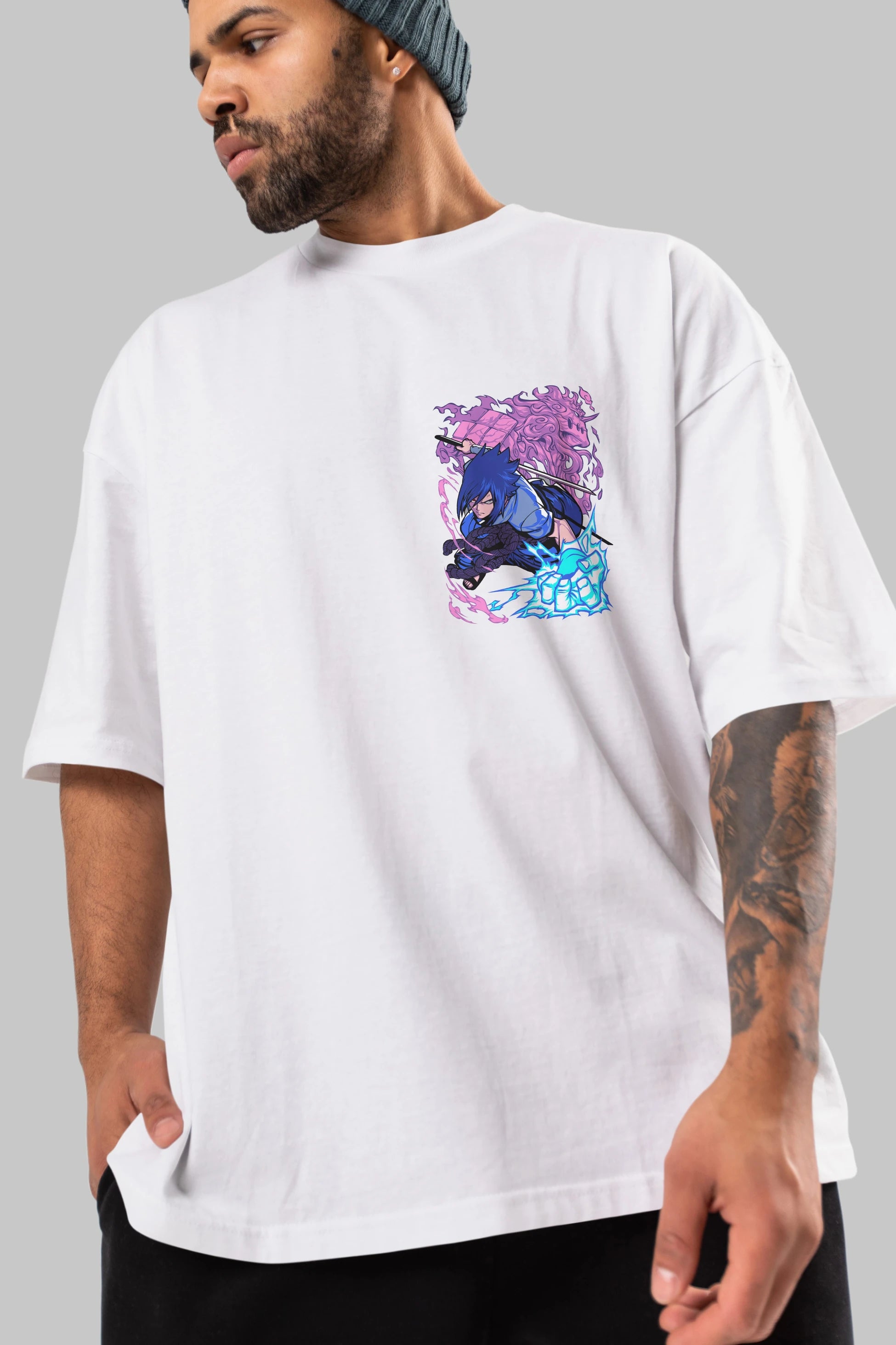 NARUTO SASUKE UCHIHA 2 Ön Sol Baskılı Oversize t-shirt Erkek Kadın Unisex %100 Pamuk Bisiklet Yaka tişort