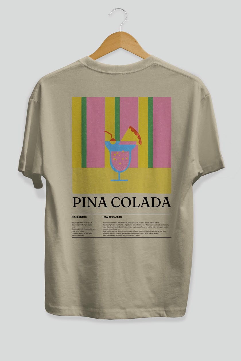 Pina Colada Kokteyl Serisi Arka Baskılı Oversize t-shirt Erkek Kadın %100 Pamuk Bisiklet Yaka tişort