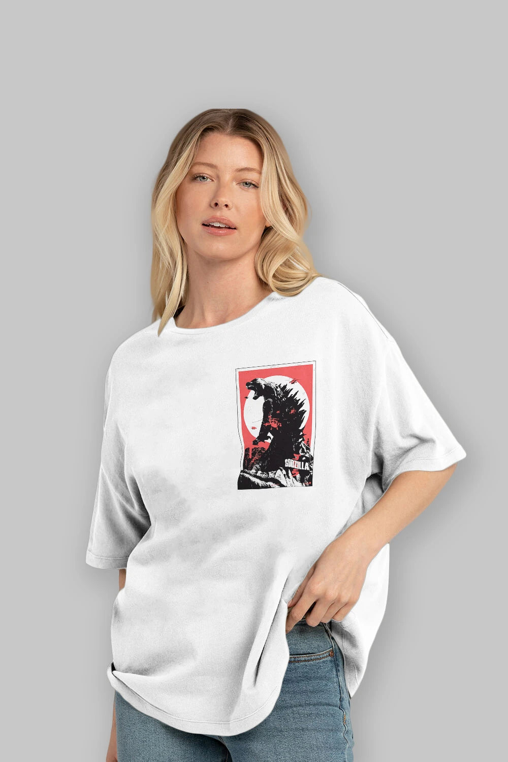 Godzilla (2) Ön Sol Baskılı Oversize t-shirt Erkek Kadın Unisex %100 Pamuk Bisiklet Yaka tişort