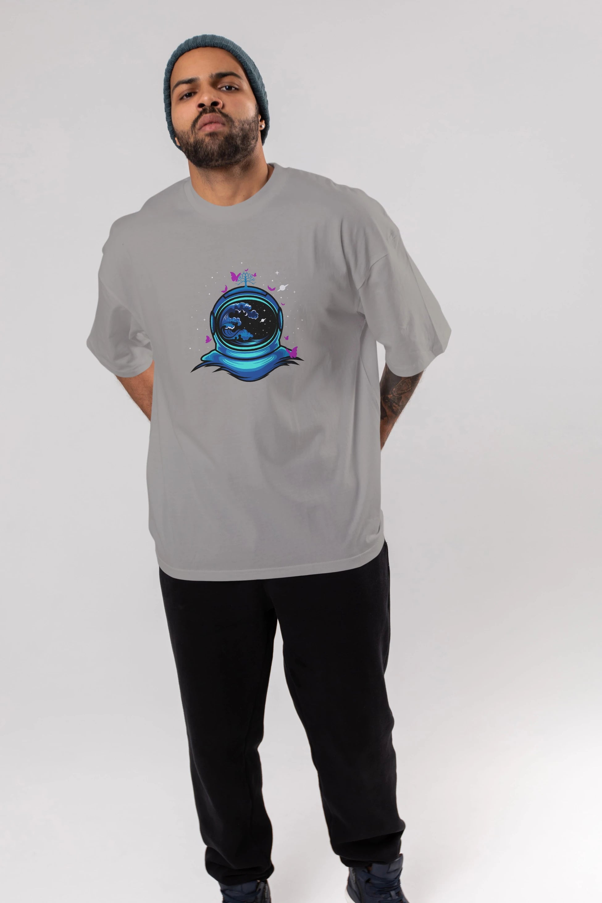 Astronaut and Butterfly Ön Baskılı Oversize t-shirt Erkek Kadın Unisex