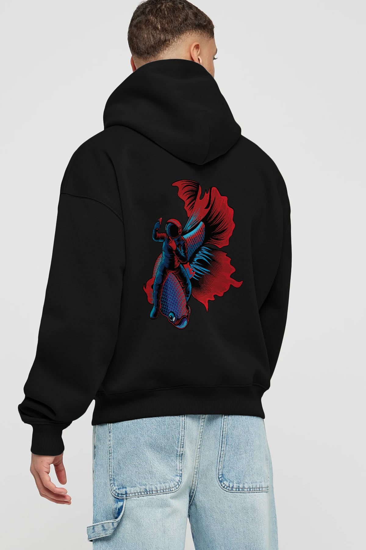 Astrofish selfie Arka Baskılı Hoodie Oversize Kapüşonlu Sweatshirt Erkek Kadın Unisex
