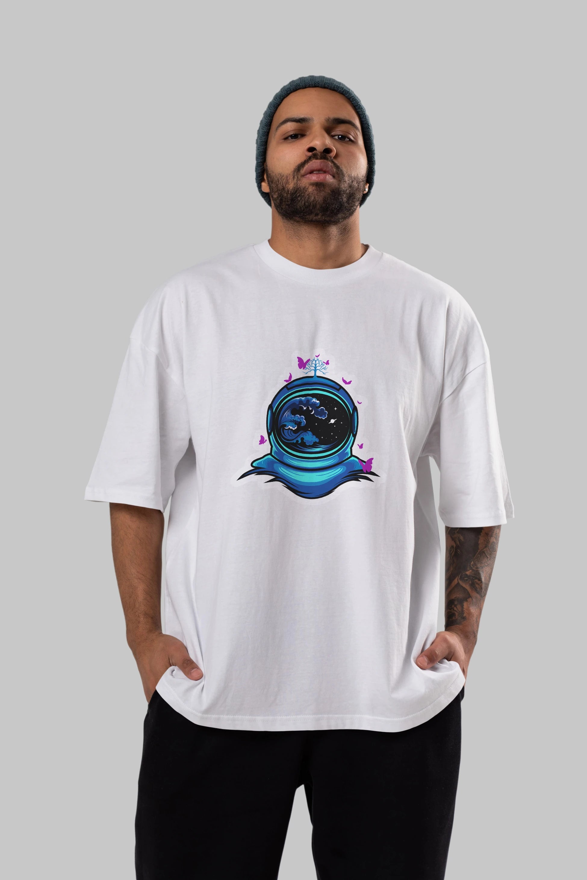 Astronaut and Butterfly Sticker Ön Baskılı Oversize t-shirt Erkek Kadın Unisex