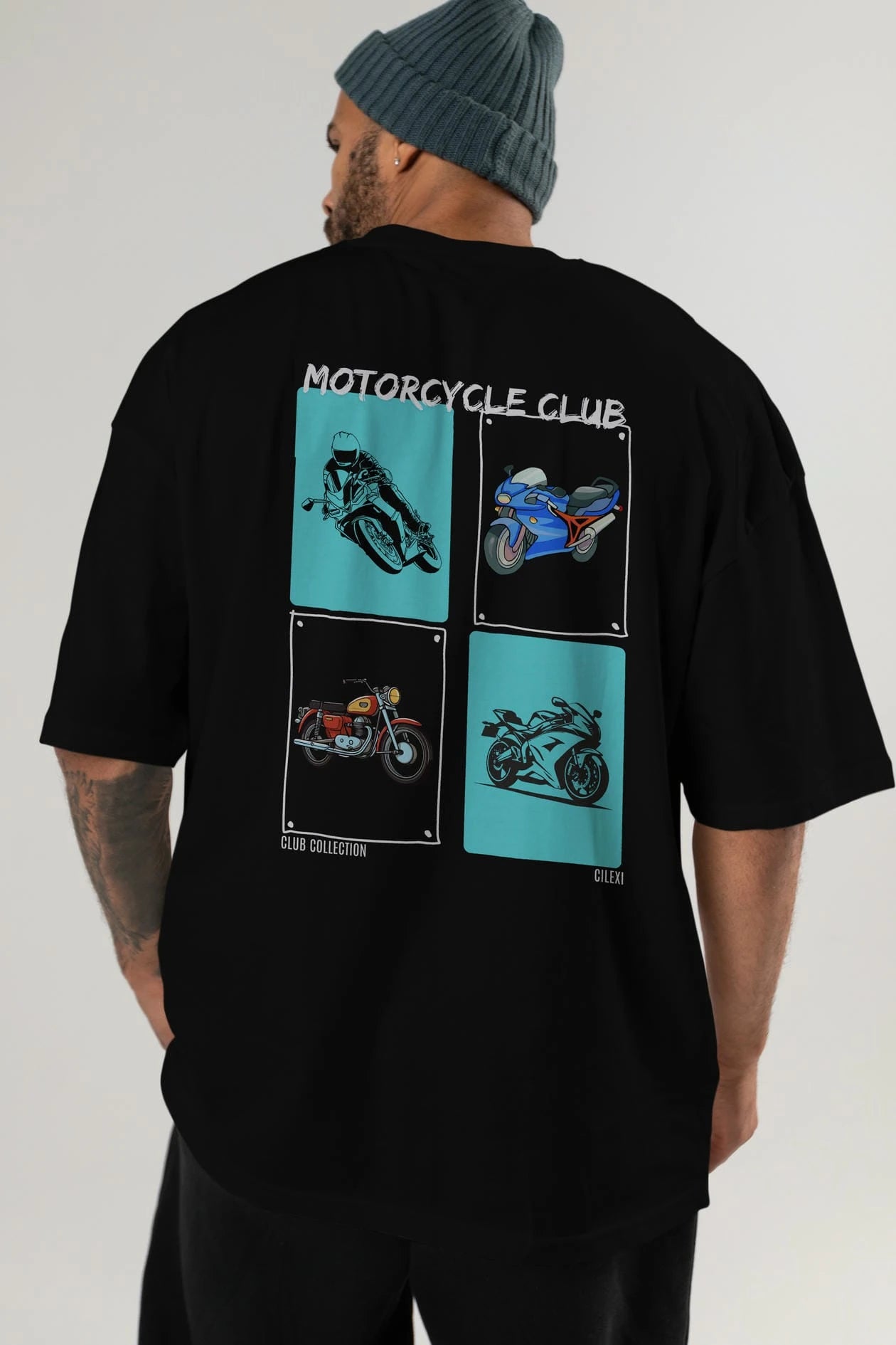 Motorcycle Club Arka Baskılı Oversize t-shirt Erkek Kadın %100 Pamuk Bisiklet Yaka tişort