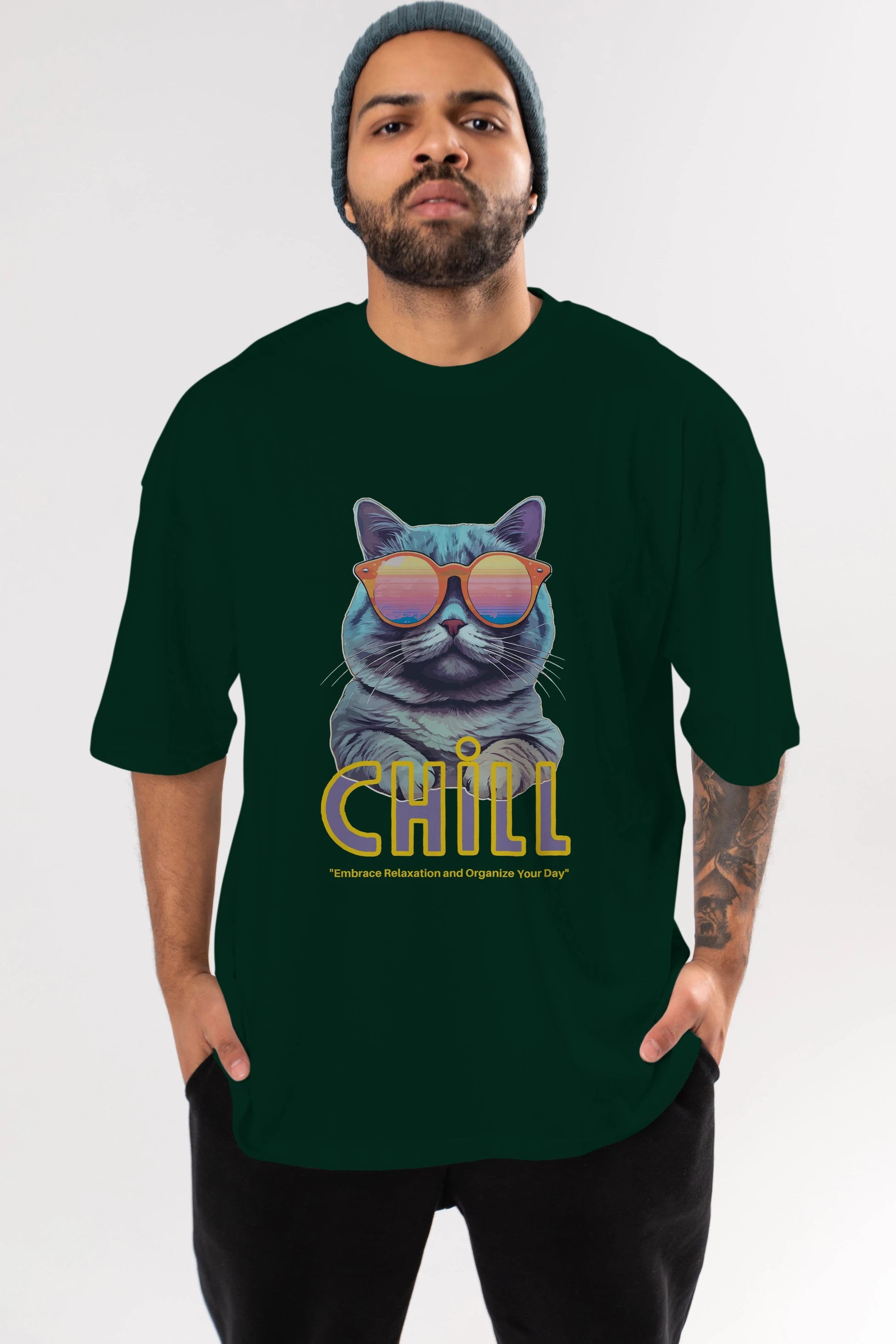 Chill Cat Ön Baskılı Oversize t-shirt Erkek Kadın Unisex