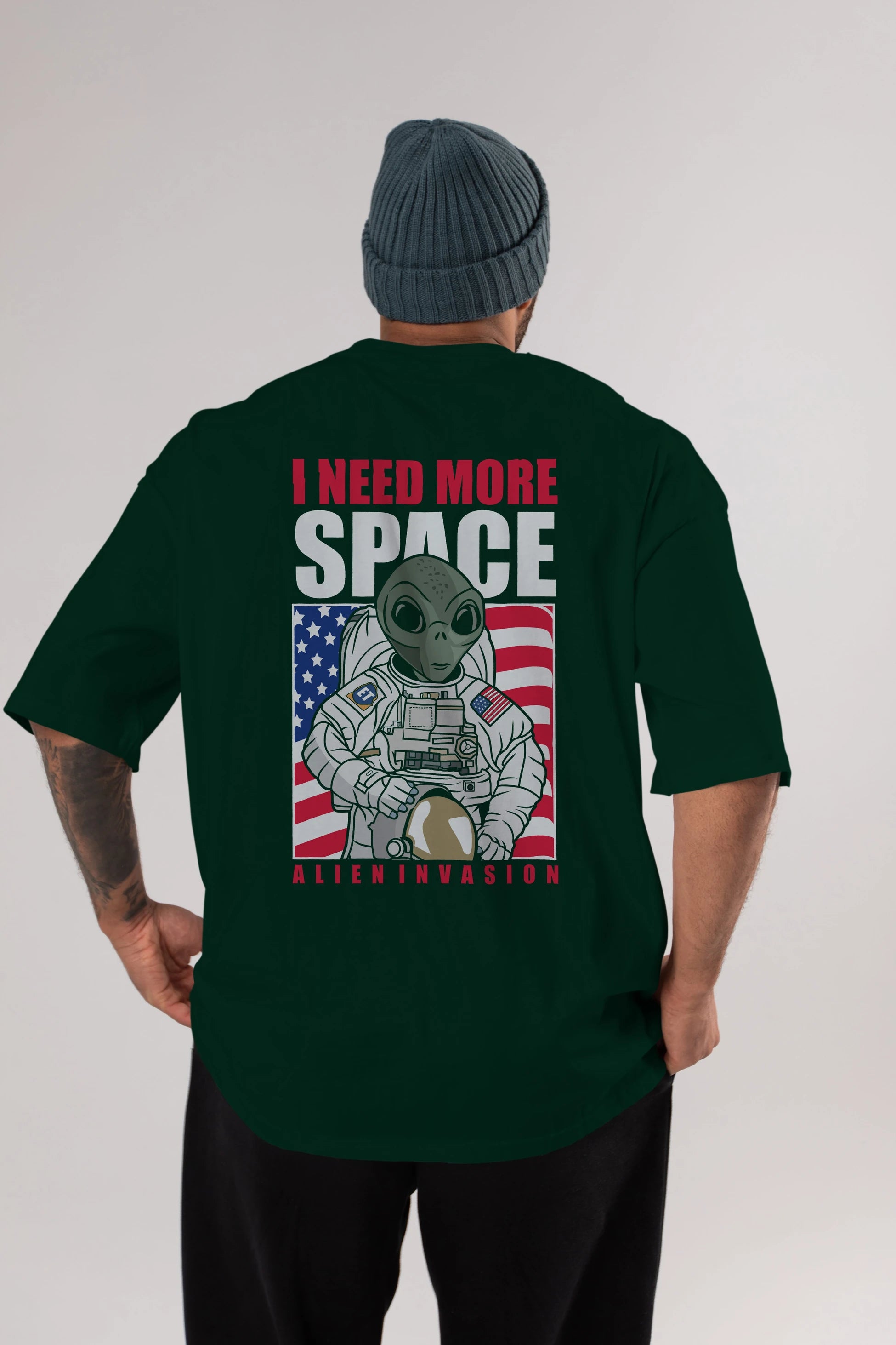 Alien Astronaut Arka Baskılı Oversize t-shirt Erkek Kadın Unisex %100 Pamuk tişort
