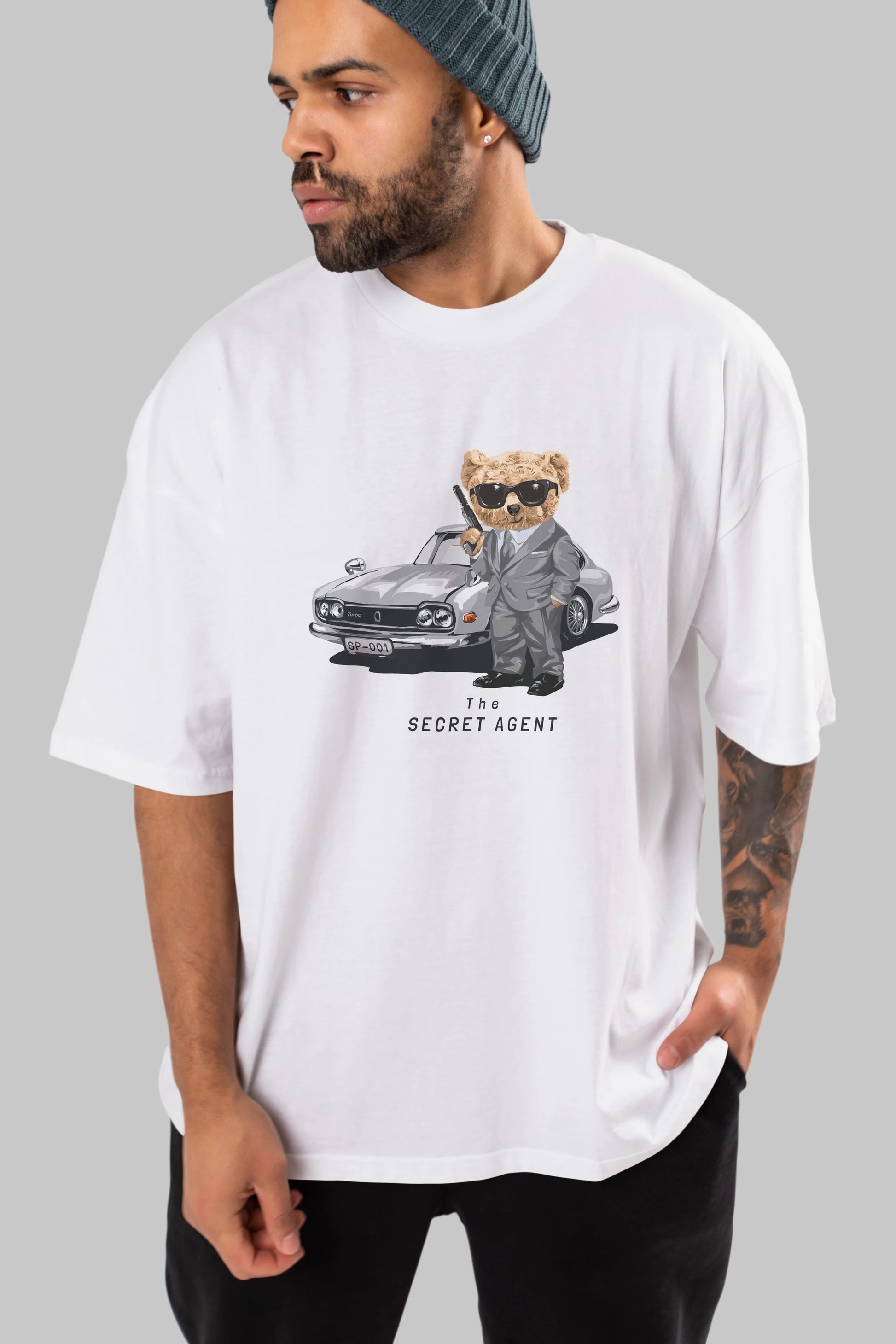 Teddy Bear The Secret Agent Ön Baskılı Oversize t-shirt Erkek Kadın Unisex %100 Pamuk