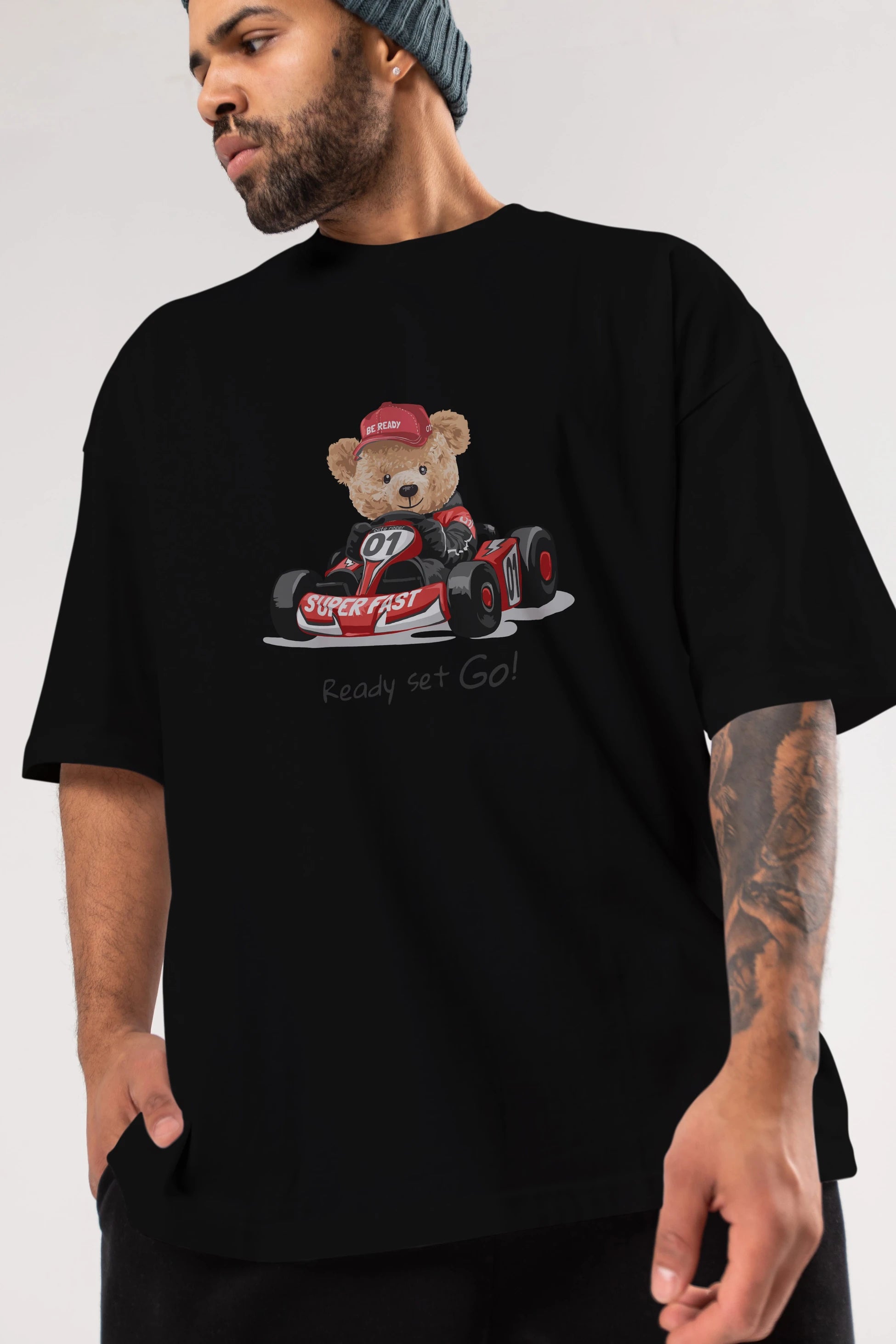 Teddy Bear Ready Set Go Ön Baskılı Oversize t-shirt Erkek Kadın Unisex %100 Pamuk