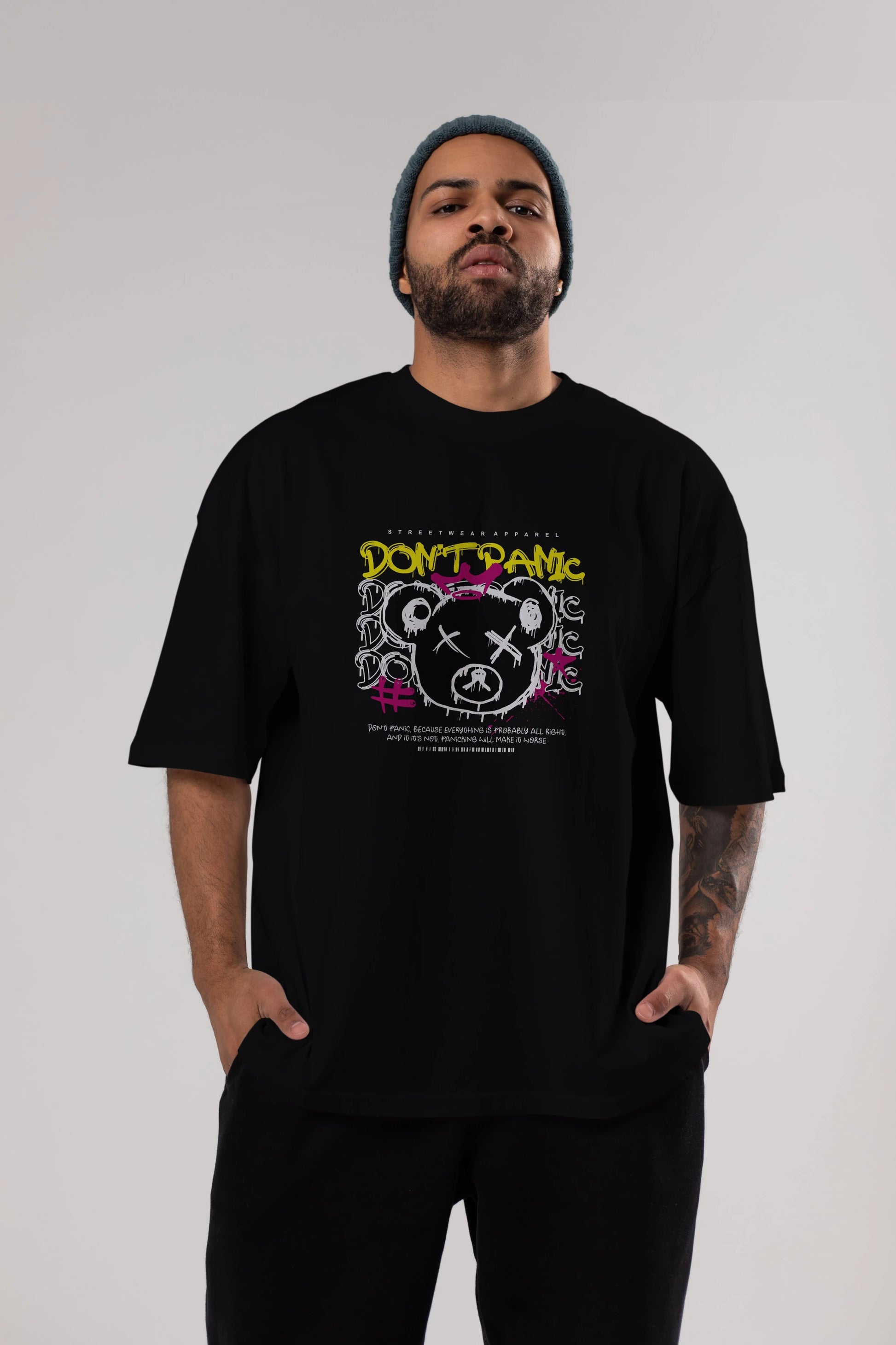 Teddy Bear Dont Panic Ön Baskılı Oversize t-shirt Erkek Kadın Unisex