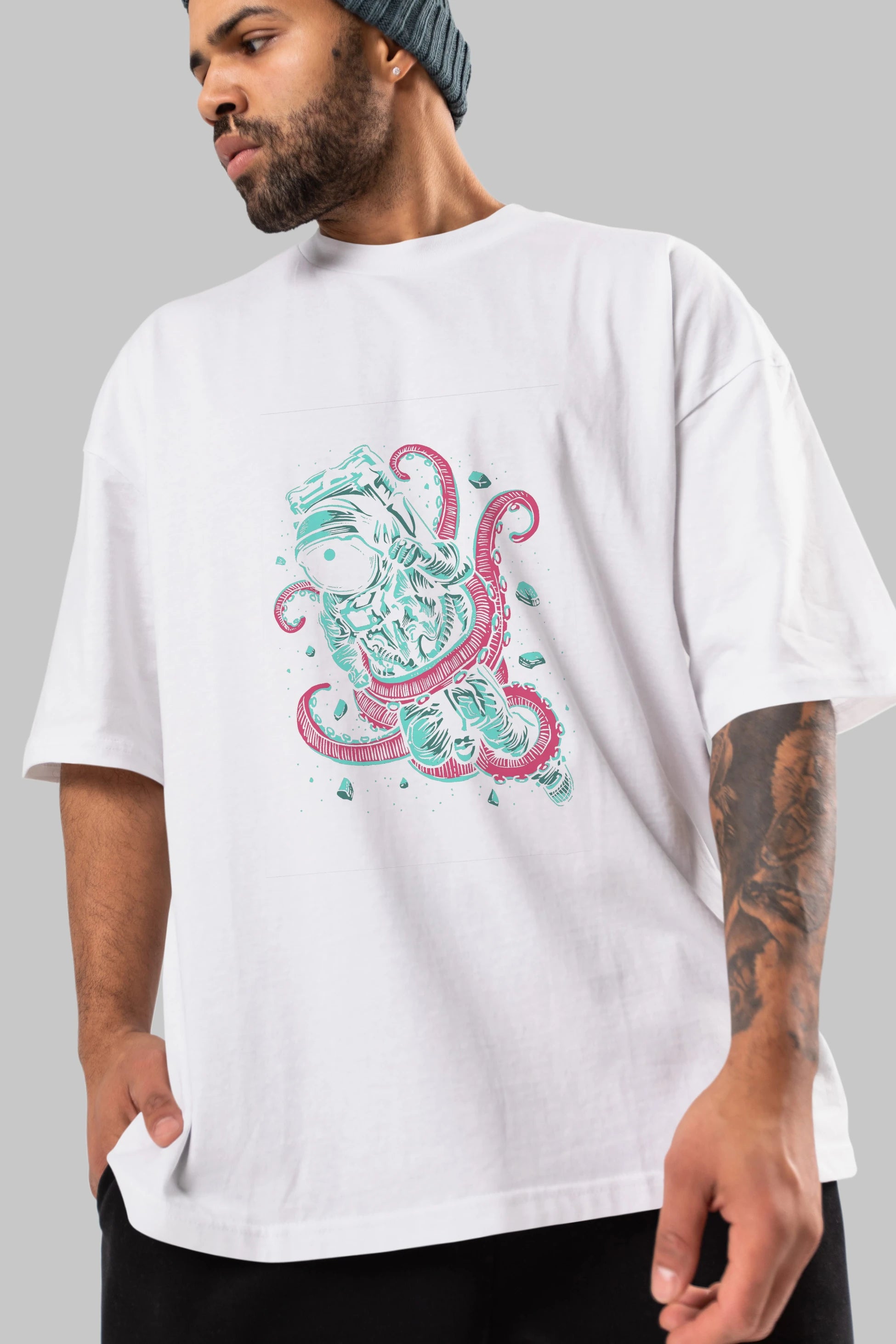 Astronaut Octopus Ön Baskılı Oversize t-shirt Erkek Kadın Unisex %100 Pamuk tişort