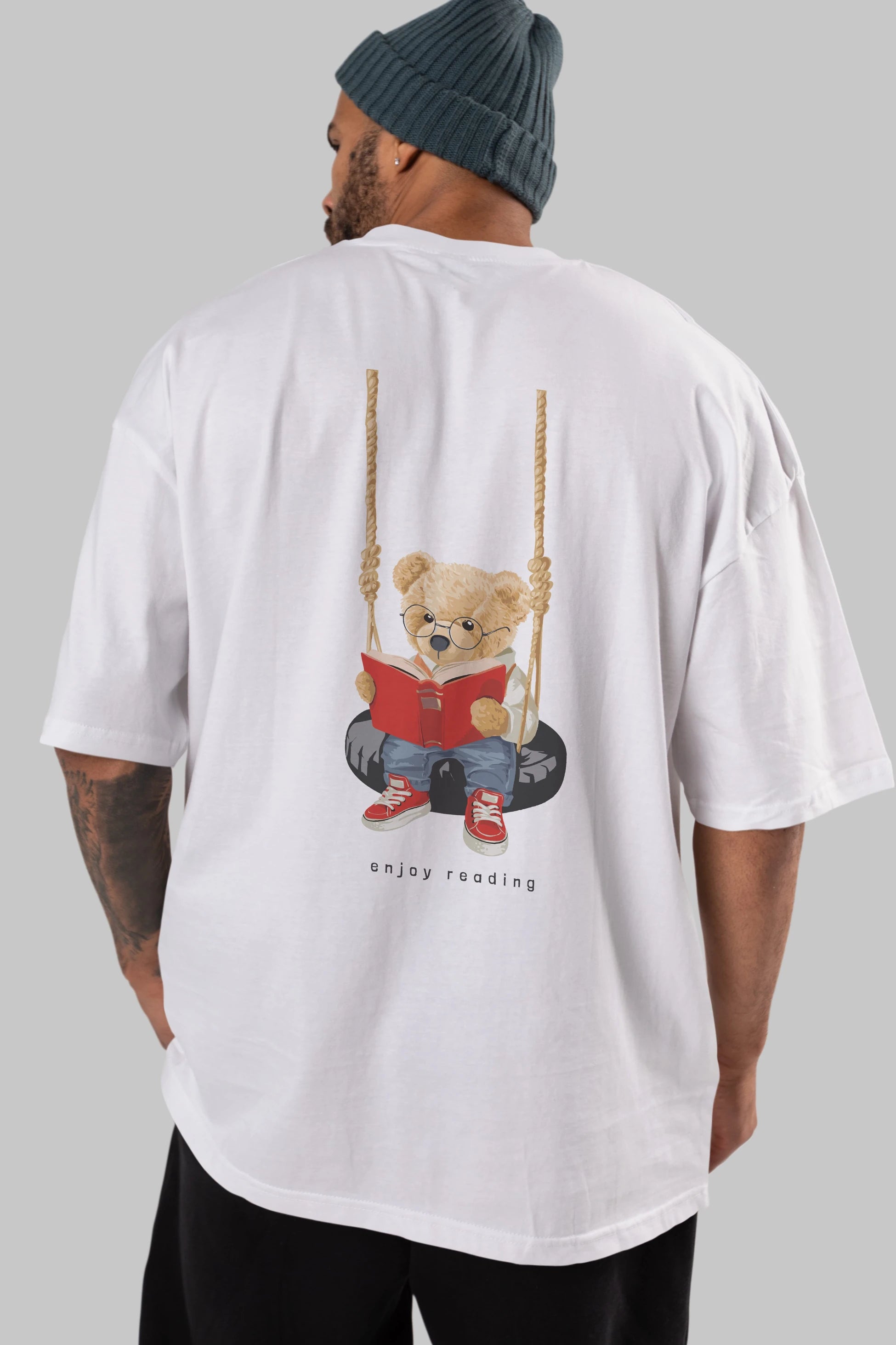 Teddy Bear Enjoy Reading Arka Baskılı Oversize t-shirt Erkek Kadın Unisex %100 Pamuk